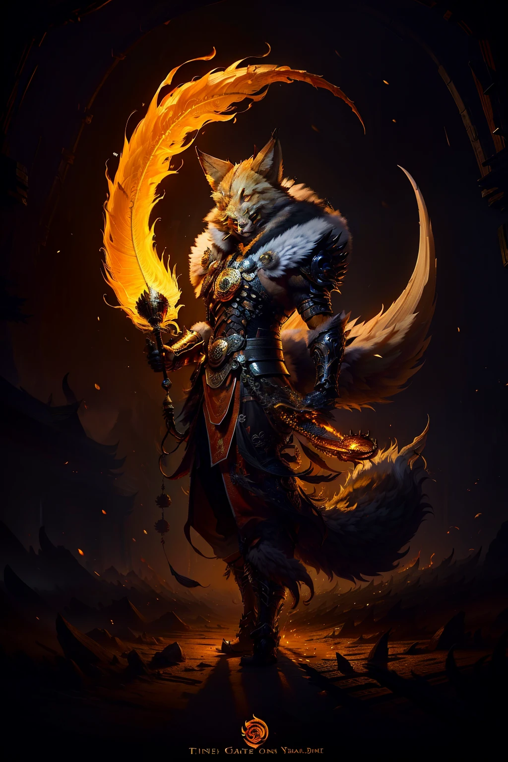 A nine-tailed fox stood in front of a Taoist priest,Taoist fairy wind Dao bone,Holding a feather fan,Behind the golden sparkle,Fairy elements,Chinese elements,large scene,Epic graphics。