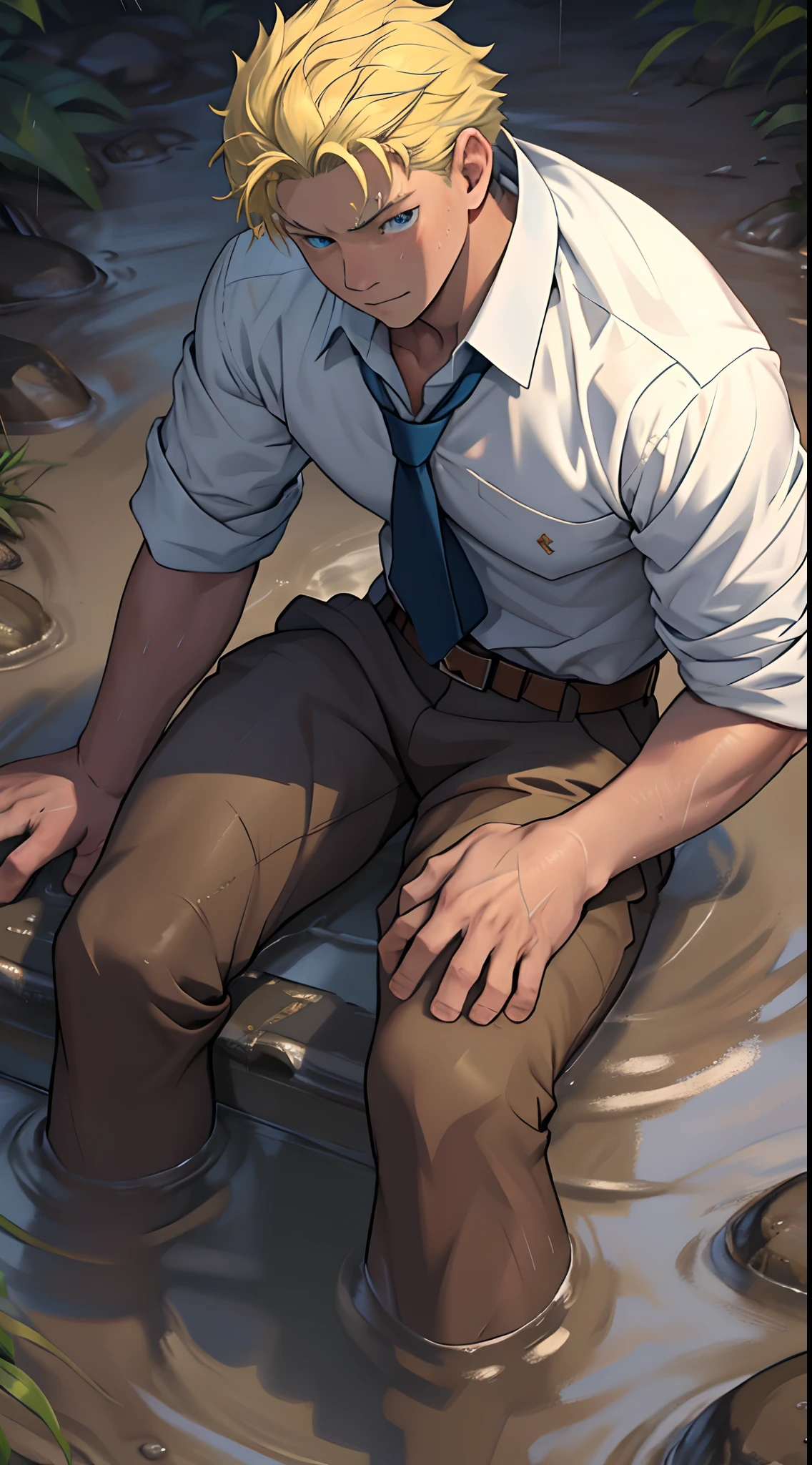 (1 Adult male),A high resolution, Sharp focus, Pixiv masterpiece, ((Complicated details)), highly detailed, natsuki_subaru, 1 man,Lying in the mud, Lazy,full bodyesbian, blue color eyes(eyes glowing), Short yellow hair,white shirt,Wear a tie,Wear a belt,perspire,rain,Drenched,Sweaty crotch,look from down