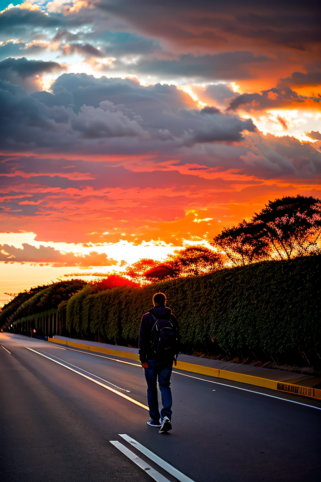 A man walks slowly facing the setting sun,Avenida Grande,The road is lined with bushes and flowers,photorealestic,cinematric light,超高分辨率,best shadow,RAW, Light scatters through the clouds, Light scatters through the hair,(a warm color palette,a warm color palette:1.2)setting sun,the setting sun,evening light,clouds,Man back,lonely,Solitude,realisticlying,photograph realistic,Hyper Real,The real world