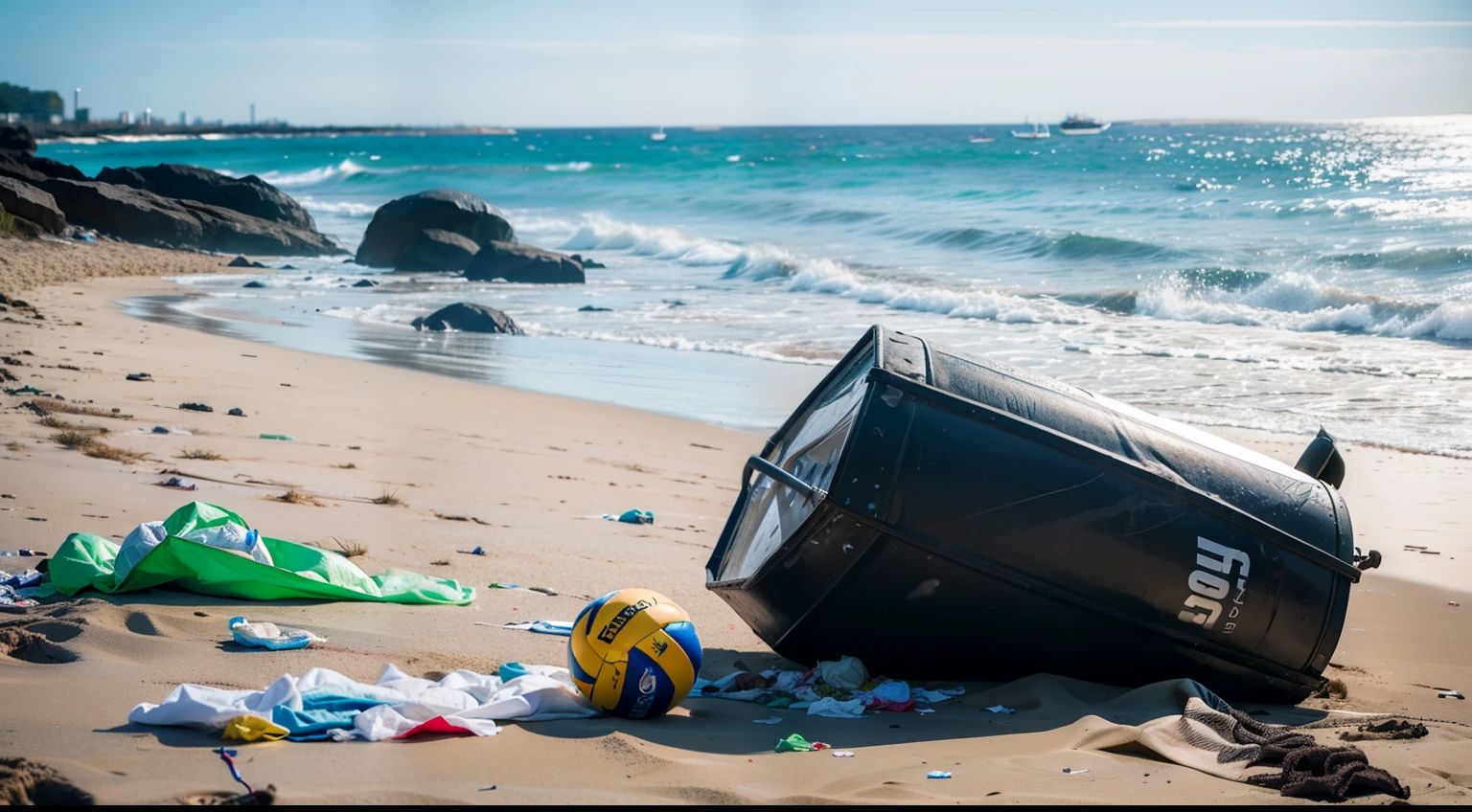 A lot of messy garbage on the beach was shot away by volleyballs