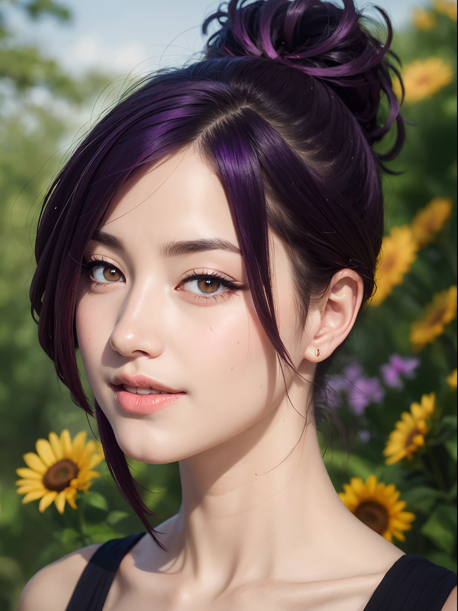 (masterpiece, best quality:1.4), (wide shot), (front shot), yuzuriha_(jigokuraku), (purple hair), brown eyes, cleavage, medium breasts, topknot, ninja, open clothes, sexy smile, looking at viewer, leaning forward, beautiful face, highly detailed face, highly detailed eyes, highly detailed skin, skin pores, subsurface scattering, realistic pupils, full face blush, full lips, detailed background, depth of field, volumetric lighting, sharp focus, absurdres, realistic proportions, good anatomy, (realistic, hyperrealistic:1.4), 16k hdr,