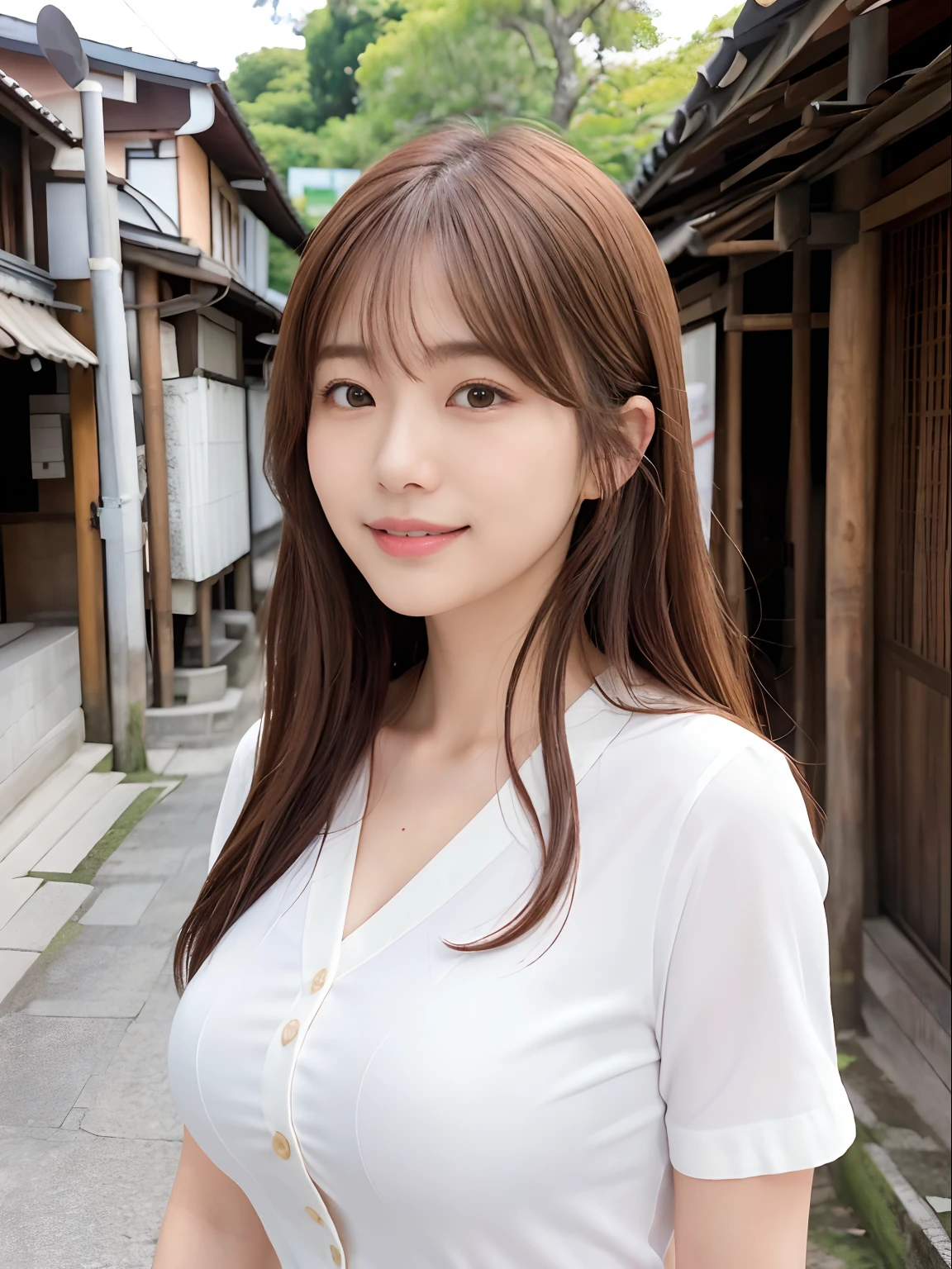 masutepiece、Supreme Beauty、Beautifully shaped breasts、​masterpiece, 1 rapariga, 独奏、Thin white shirt、detail, depth of fields, 135 mm, Textured skin, Super Detail, High quality, awardwinning, Best Quality, hight resolution, 8K, de pele branca,Koi brown hair、Random hair、cute  face、A big smile、Adult beauties、25-years old、1 person per Japan、Top image quality、Ultra-high resolution、8K、Bright sunshine、Delicate Photos、Old back alleys in Okinawa、Realistic background