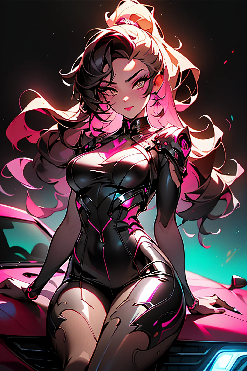 (Masterpiece:1.2), best quality, (illustration:1.2),(Masterfully crafted Glow, lens flare), (ultra-detailed), hyper details, (delicate detailed), (intricate details), synthwave, (cinematic light, best quality Backlights), clear lines, solo female, solo female, perfect body, (1girl), Sitting on car, cyberpunk, (bioluminescent hair), (glowing eyes), (Dynamic:1.2), ((makeup)), high contrast, (best illumination, an extremely delicate and beautiful), ((cinematic light)), colourful, powerful, (Cinematic masterpiece), supercar, splashes of colour, absolutely eye-catching, ((colourful paint splashes on background, dulux,)), ((caustic)), dynamic angle, beautiful detailed smoke, (Captivating),(Intricately Detailed Cinematic synthwave city:1.1), ambient occlusion, ambient light, ray-traced reflections, vaporwave colour palette