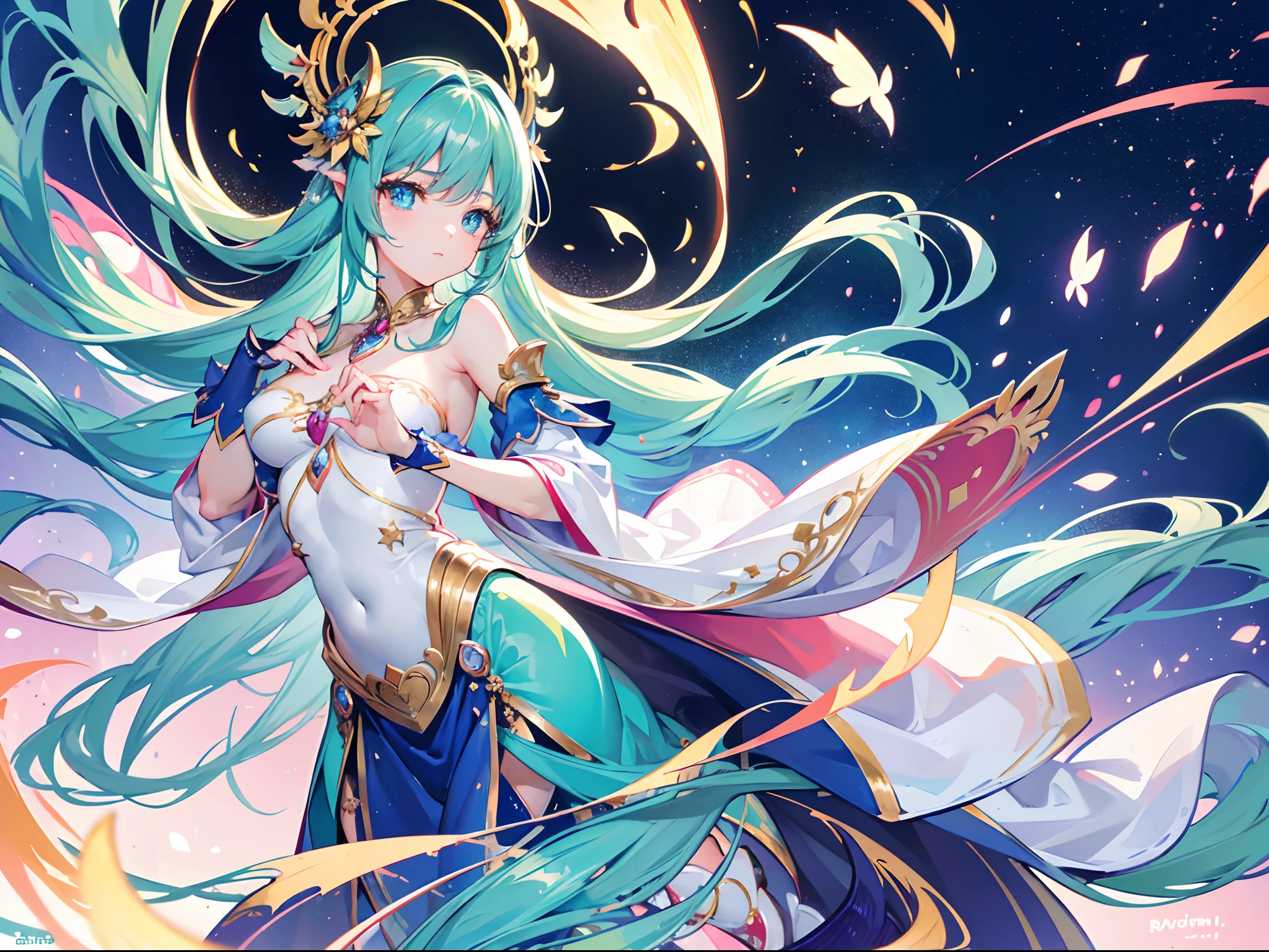 ((Masterpiece)), (best quality), highres, ultra detailed, gradient, dynamic pose, wide shot, golden ratio, full body, super cute girl, (mature girl), super beautiful girl with super cute and sexy face, (super cute face expression), most beautiful magical girl, with most beautiful shiny green eyes, very detailed and expressive eyes, super beautiful long blue hair, super beautiful hairstyle, beautiful and super aesthetic hair ornament, very delicate and gorgeous, (nice, delicate and beautiful hands and fingers), (wearing super girly, original and super stunning clothes), very beautiful clothes, with a super beautiful magical rod, with beautiful powers, in a divine realm in war, mesmerizing and enchanting art