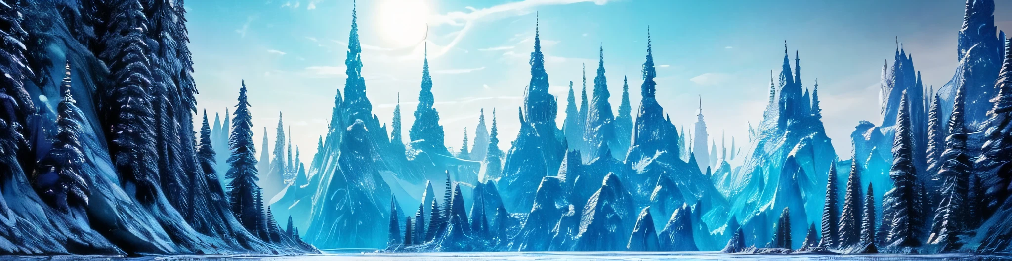 A mystical and epic landscape, featuring a fantastical and surreal world of floating ice islands, giant trees, a big butterfly,and mythical creatures, that transport the viewer to a world of imagination and wonder, artstation, digital art, intricate, trending, bright colors,best quality, high quality, hdri,octane,big_crystal, more_colour,dark background,