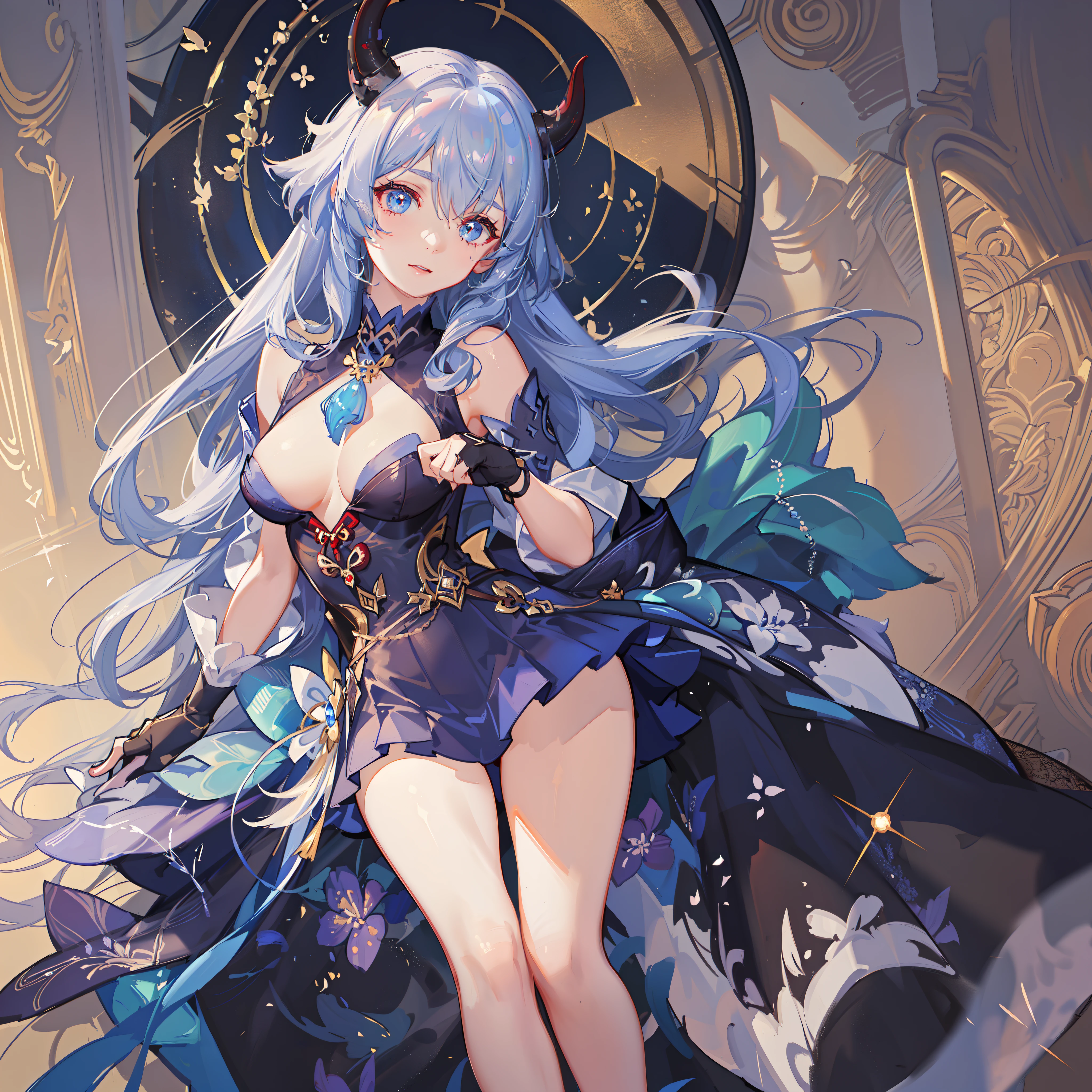 1girl,ganyu/(genshin impact/),two horns,skirt,Translucent white silk stocking,(T-shirt,)(masterpiece:1.5),best quality, masterpiece, highres, original, extremely detailed wallpaper,