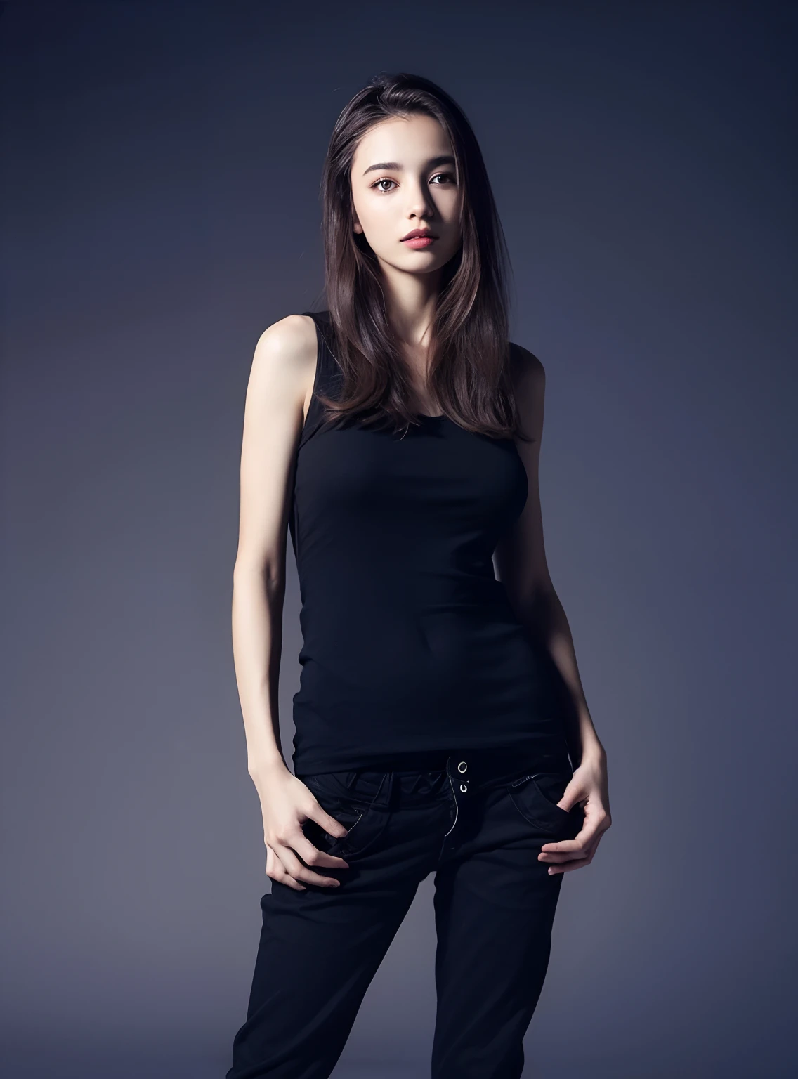 Arad woman in black vest poses for a photo, photo of slim girl model, she is wearing a black tank top, tight black tanktop, 2 4 year old female model, photo of slim girl, standing with a black background, black tanktop, photograph of a techwear woman, Black top, gorgeous young model, INFP young woman