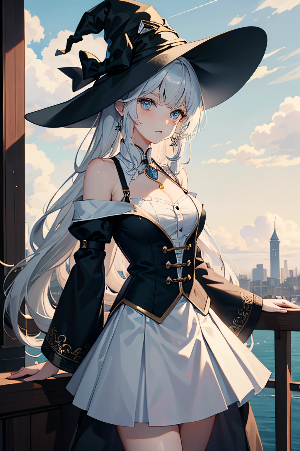 {{{elaina(majo no tabitabi)}}}},{{solo}},{{best quality}},{{masterpiece}},highres,extremely detailed wallpaper,delicate face,beautiful detailed street,beautiful detailed sky,Railing,city,cloud,shadow,{{white hair}},{loose long hair},{ahoge},{{white shirt under black robe}},{white Collared shirt},medium frilled skirt,{{royal blue skirt with white edge}},{blue eyes},beautiful detailed eyes,twist braid,{{bare shoulders}},{{Witch hat}},Pendant on Tip of hat,