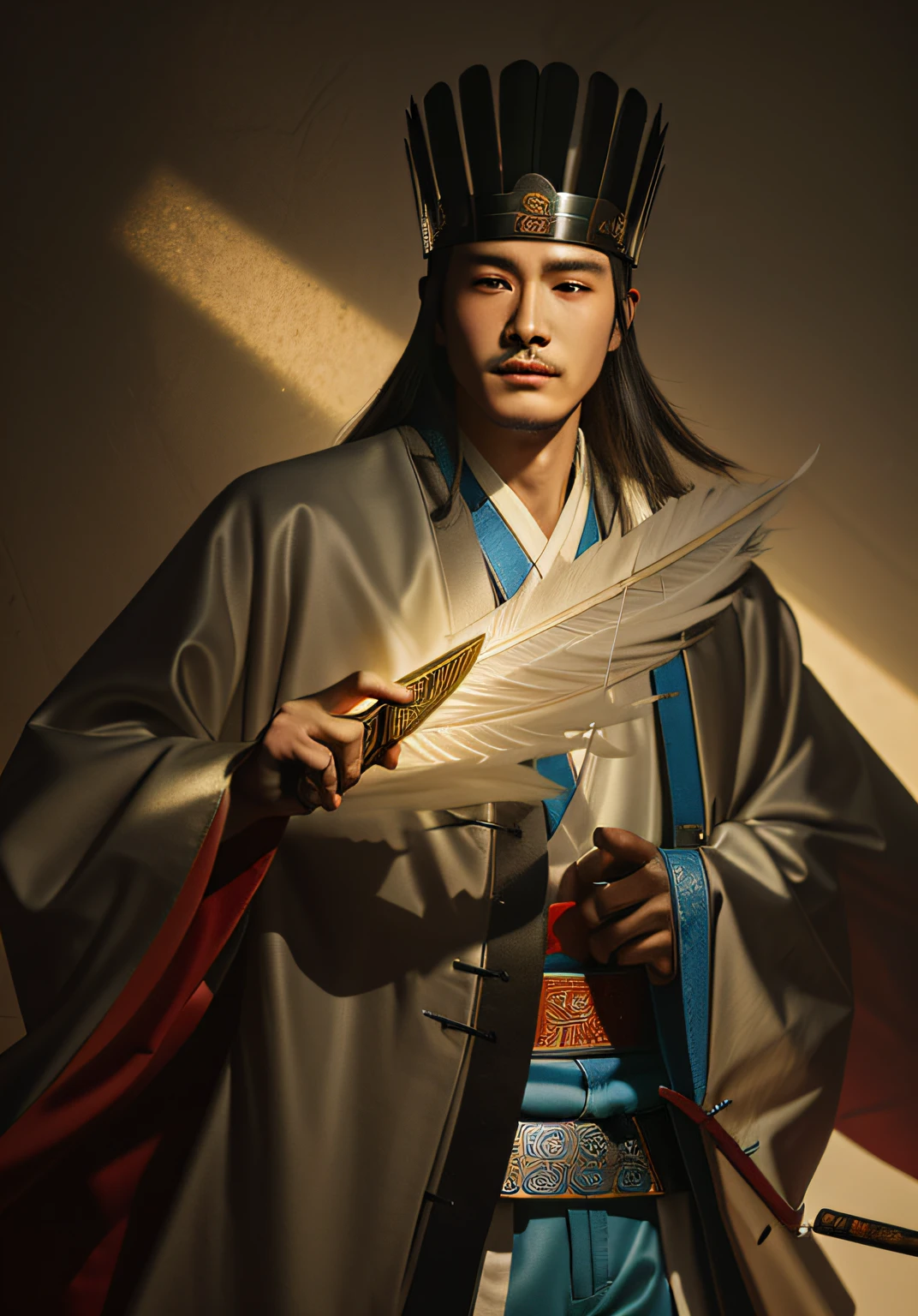 Close-up of a man holding a feather fan in his hand, Zhuge Liang, Inspired by the Three Kingdoms, Inspired by the Three Kingdoms period in China,White hat,White clothes,The background is an ancient battlefield