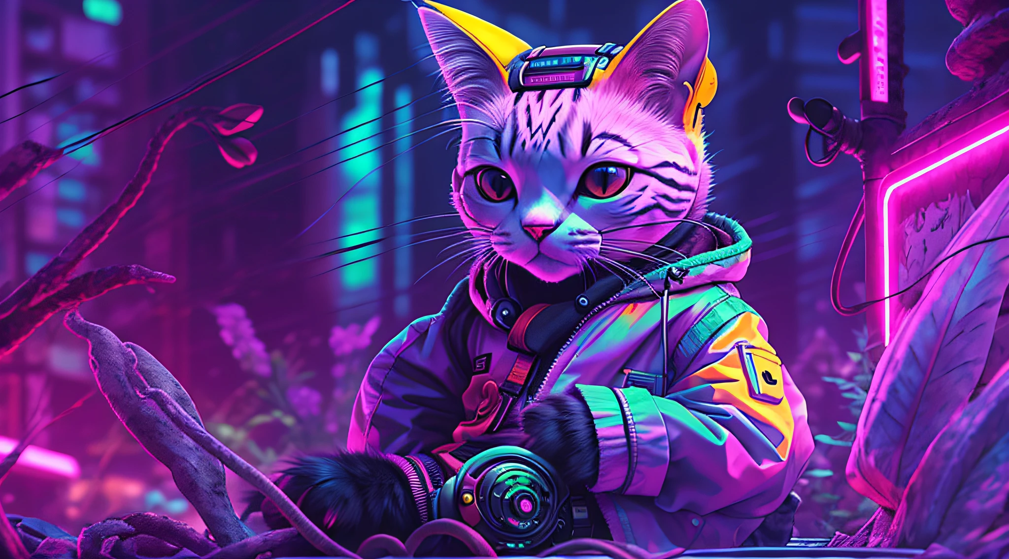 A cat with headphones and a jacket is sitting on a large lily leaf in a fountain. Cyberpunk and post-Soviet modernism  style themed. closeup view, neon lights., Pop art, Pixar, three sided view, UHD, anatomically correct, textured skin, super detail, high quality, 4K