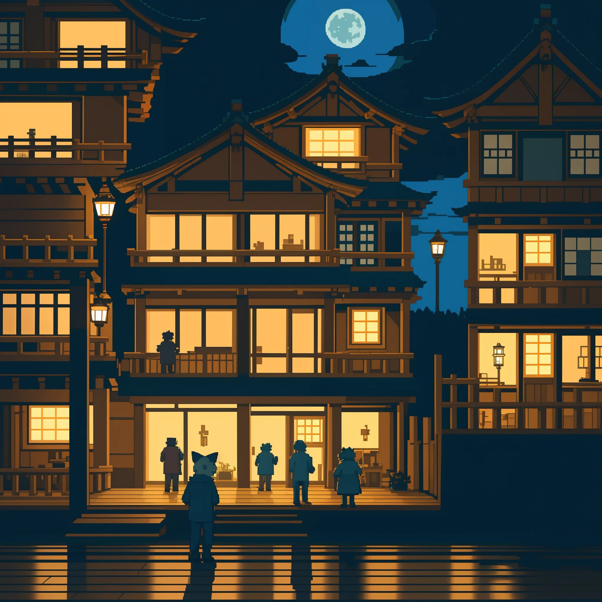 top quality, best quality, High-quality illustrations, masterpiece, super high resolution, highres, absurdres(highly detailed beautiful face and eyes)perfect anatomy, detailed background, User Interface of game, side view game, night, japanese house, deteriorated furniture, windows, moonlight, 6+boys, 6+girls, expression, good lighting, cinematic shadow(kemono, furry anthro)assorted poses,