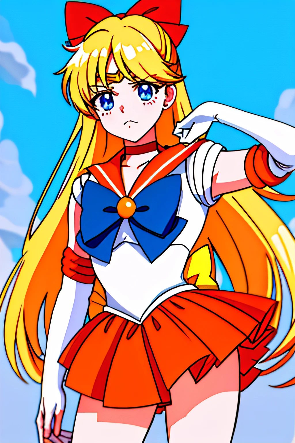 ​masterpiece, top-quality, Hi-Res, venus1, 1girl in, 独奏, Sailor Senshi Uniform, sailorvenus, Minako Aino, blonde  hair, magical ***********, blue eyess, no  skirt, Skirt removed、I took off my skirt、leotard、elbowgloves, tiarra, pleatedskirt, Hair Ribbon, orangesailorcollar,  a choker, Red bow, orangechoker, white glove, Very long hair, jewely, 耳环, cowboy  shot,Hands behind your back、I'm angry、Looks like you're about to cry。Sad face