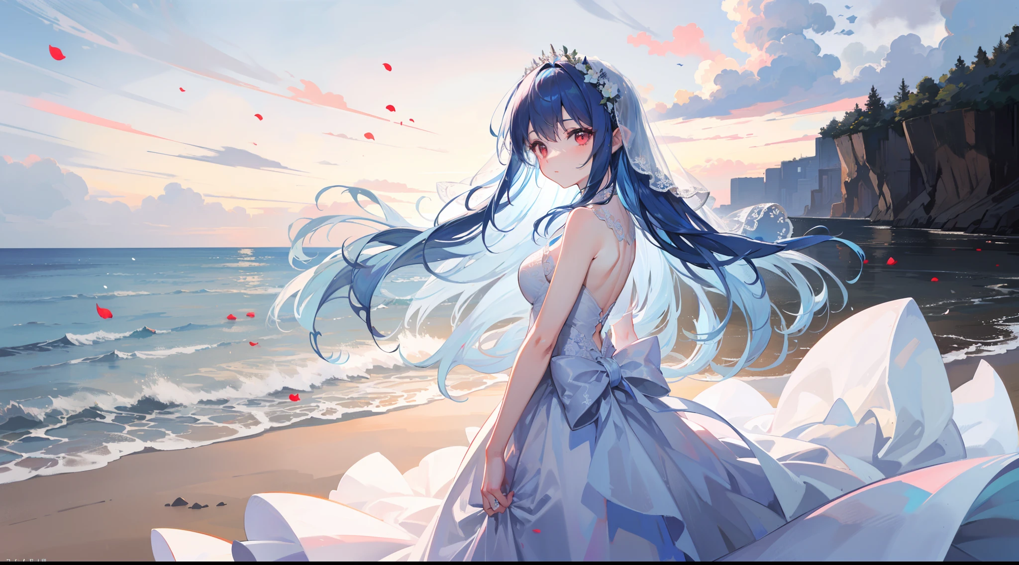 artistic photograph, Real light and shadow on a Sunset setting day,Distant European style architecture,On the beach,((Wedding Dress)),1 beautiful girl，shy,The upper part of the body,Lateral face，(((Long light blue hair))),Red eyes,(long hair),（Red petal），windy