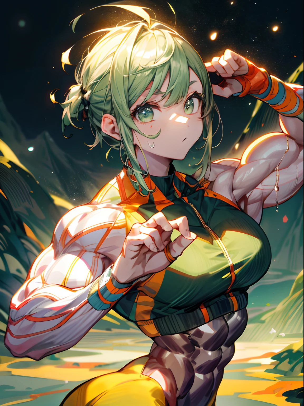 (BEST lighting) , (ultra intricately detailed) , 4K unification, (super-detailed CG: 1.2) , (8K: 1.2),(Original), (Masterpiece) , (Best quality),(Masterpiece:1.4),Anime-ish high quality,(Masterpiece),Masterpiece, Best quality, absurderes,((masterpeace, 4K, 8K, Yes, A high resolution))1girll, She was in the volcano,Magma eruption,Crop topping, Spring, Boots, Perfect figure, Short green asymmetrical hair, Sweat, Dynamic pose, ((body builder:1.5)),volcano background,(Beautiful bace),(Girl),(Female),(((Upper body:1)))