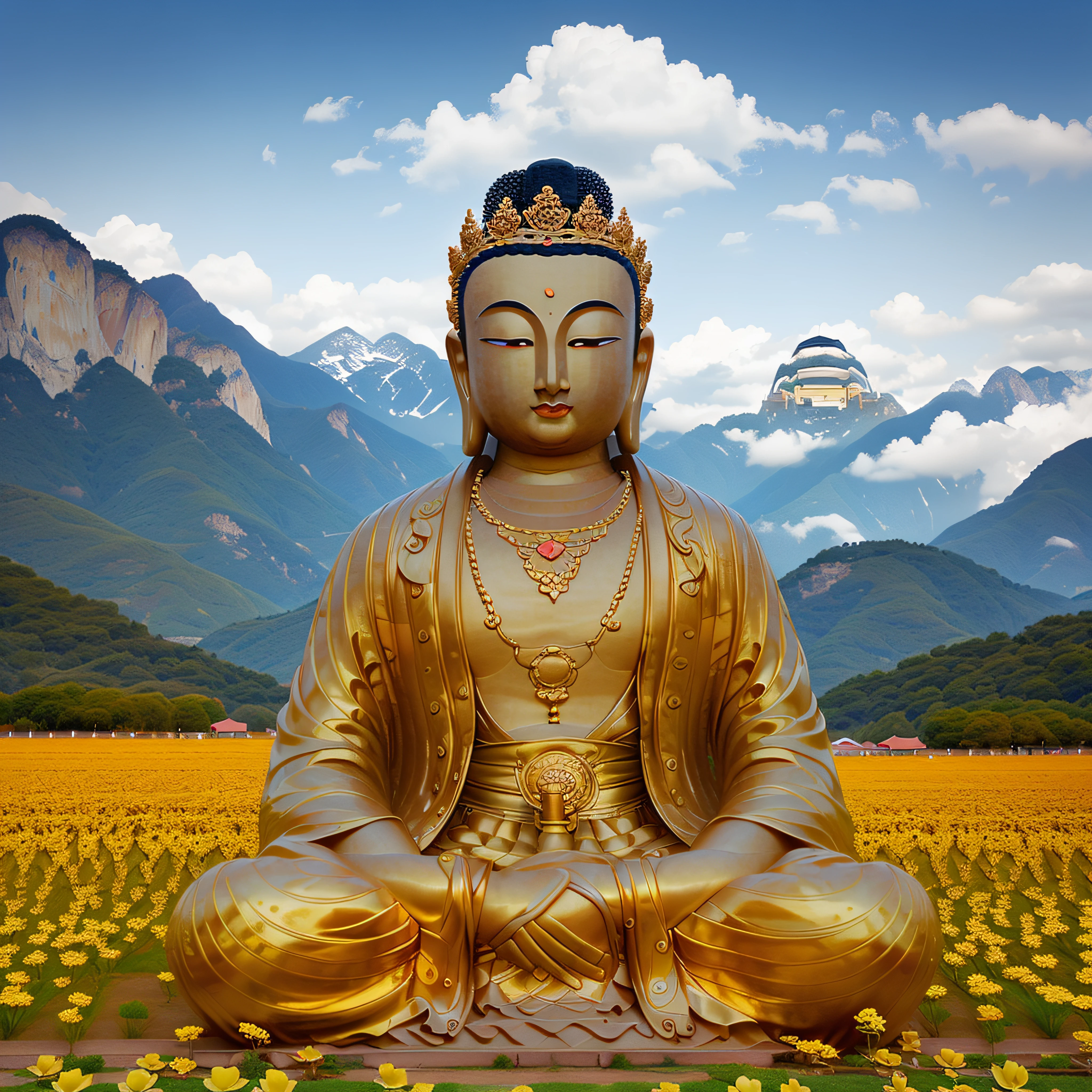 There is a Buddha statue sitting in a flower field, Buddhism, Buddhist, Buddha, a Buddhist Buddha, Meditation, Buddhist monk meditation, shutter inventory, The Hindu phase of meditation, enlightening, samsara, Zen meditation, meditating in lotus position, serene emotion, Peaceful, author:Kurt Roesch, fine art piece, Meditating, Zen, inner peace,Please draw a sideways photo of this picture