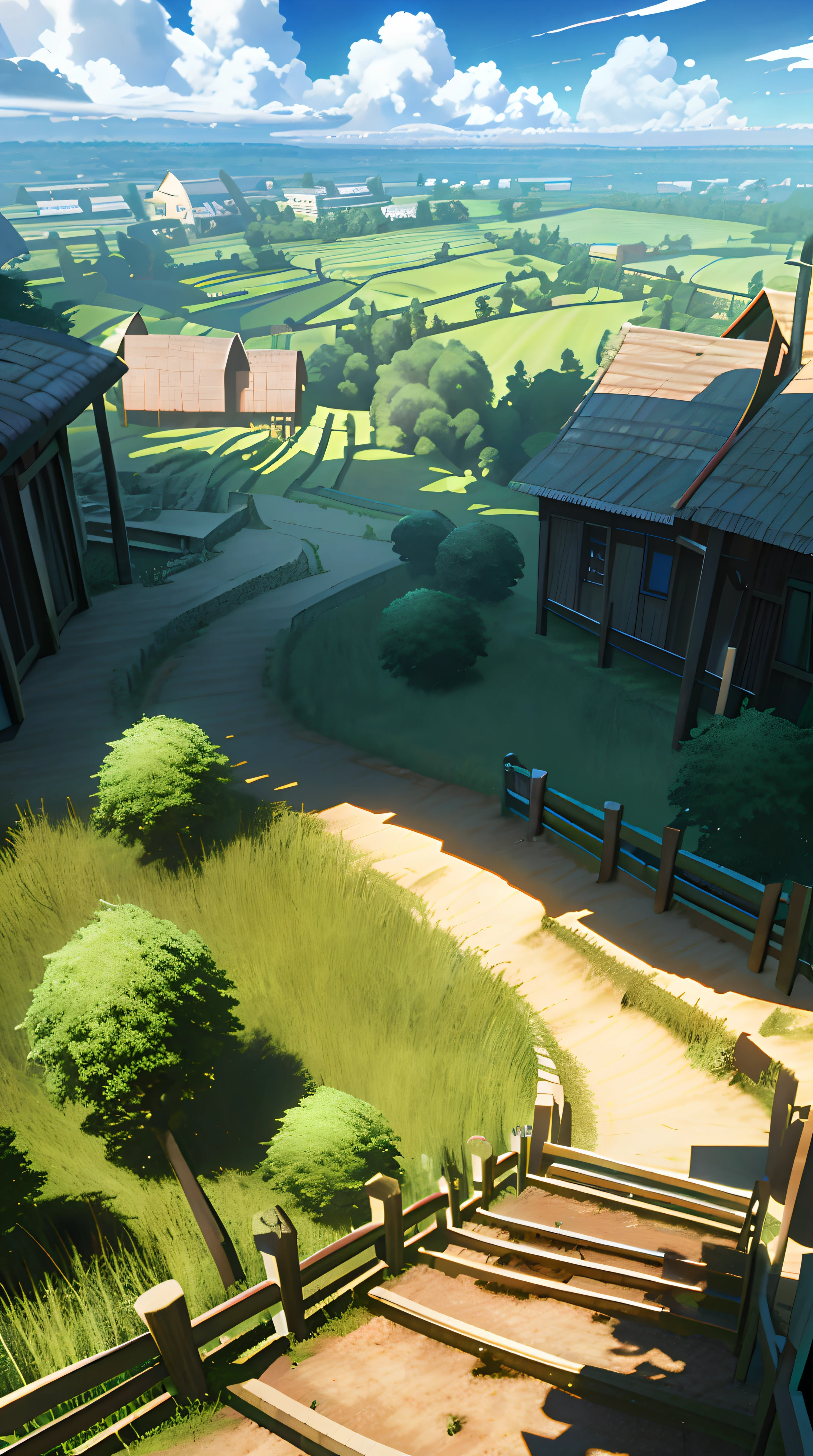 Forest, Terraces, Clouds, Wide Angle, Pioneer, Dirt Road, Traveling Merchant, Back, Go Forward, Wooden Cane, Ray Tracing, Comics, 3D Rendering, Cartoon, Cute Style, Sunny, Outdoor, Detailed, 4K, HD, High Quality
