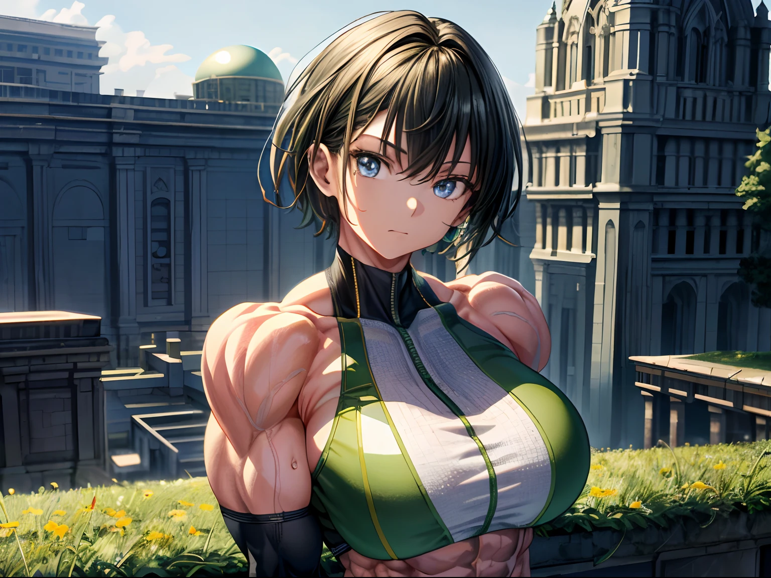 (BEST lighting) , (ultra intricately detailed) , 4K unification, (super-detailed CG: 1.2) , (8K: 1.2),(Original), (Masterpiece) , (Best quality),(Masterpiece:1.4),Anime-ish high quality,(Masterpiece),Masterpiece, Best quality, absurderes,((masterpeace, 4K, 8K, Yes, A high resolution))1girll, she is walking，Go to hell，Crop topping, Spring, Boots, Perfect figure, Very robust，Short green asymmetrical hair, Sweat, sat on the ground, ((body builder:1.5)),Temple background,(Beautiful bace),(Girl),(Female),(((Upper body:1)))