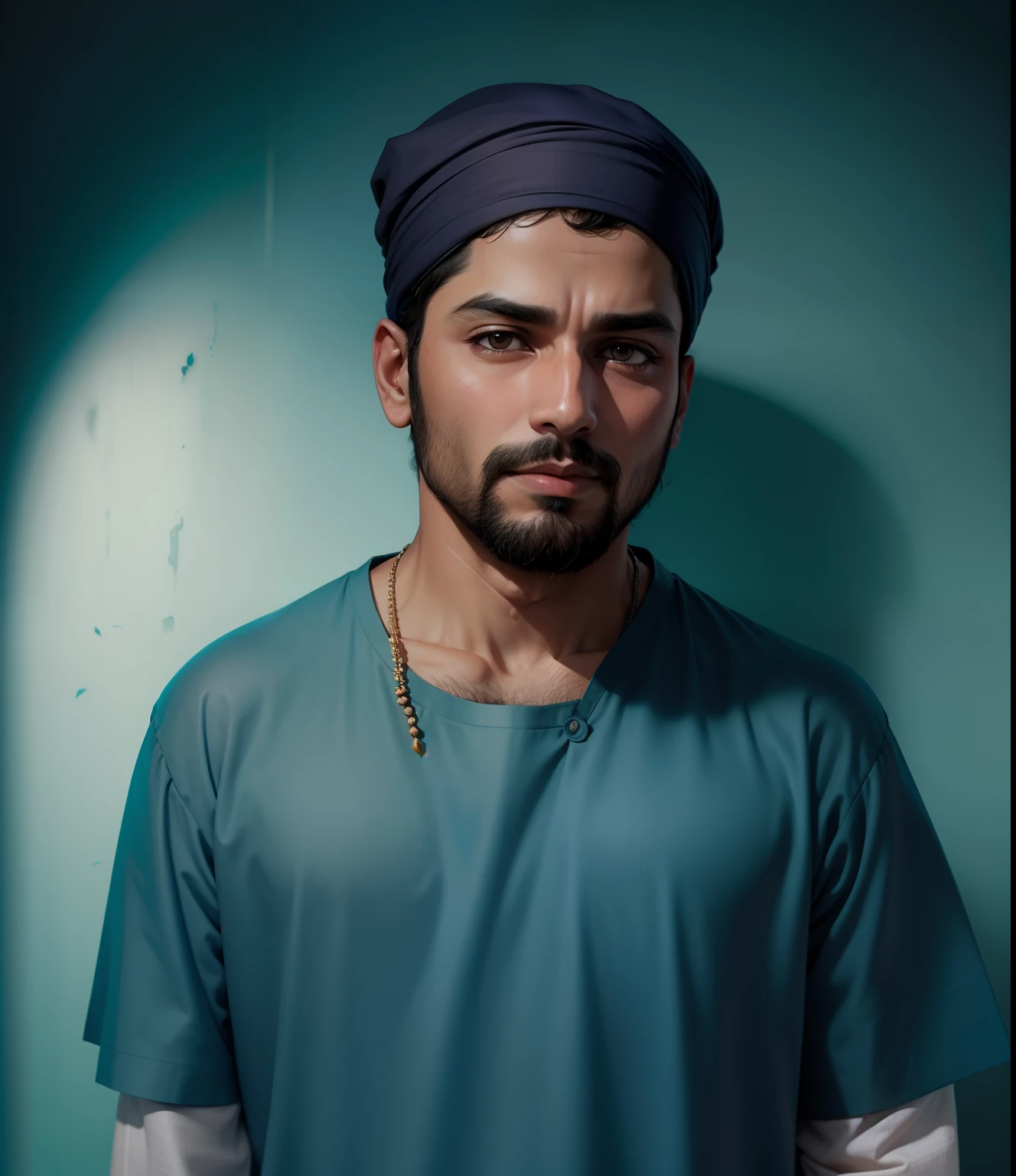 Change background with kurta pajama and islamic pagdi and face side in front and lok deautiful