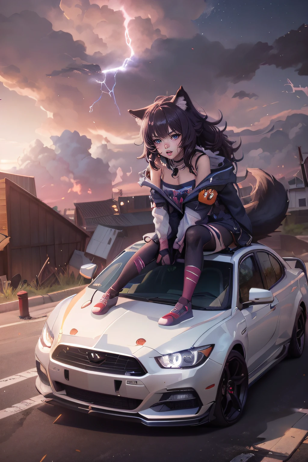 Anime girl sitting on top of a passenger car,Wolf ears、Wolf tail、 Anime Style 4K, badass anime 8 K, anime catgirl, Very Beautiful Anime Cat Girl, 4K Anime Wallpapers, 4K Anime Wallpapers, 4K Anime Wallpapers, anime cat, beautiful anime catgirl, Anime! 4 k, Anime! 4K, anime moe art style, hd anime wallaper
