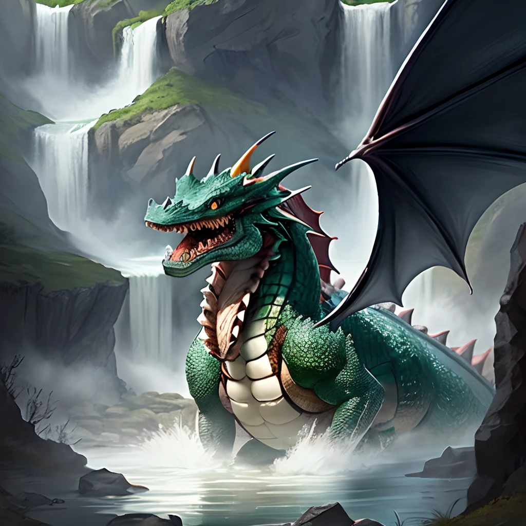 Black crocodile-turned-dragon hiding in the waterfall