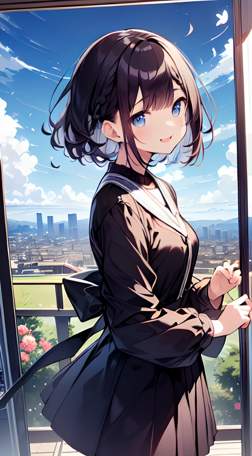 masutepiece, Best Quality,Illustration, Wallpaper, Ultra Detail, absurderes, 1little girl、 Solo, (Medium short hair、short braided hair), Beautiful ultra-detailed eyes , Hair fluttering in the wind、:P、 Beautiful sky、(a panoramic view:1.5)