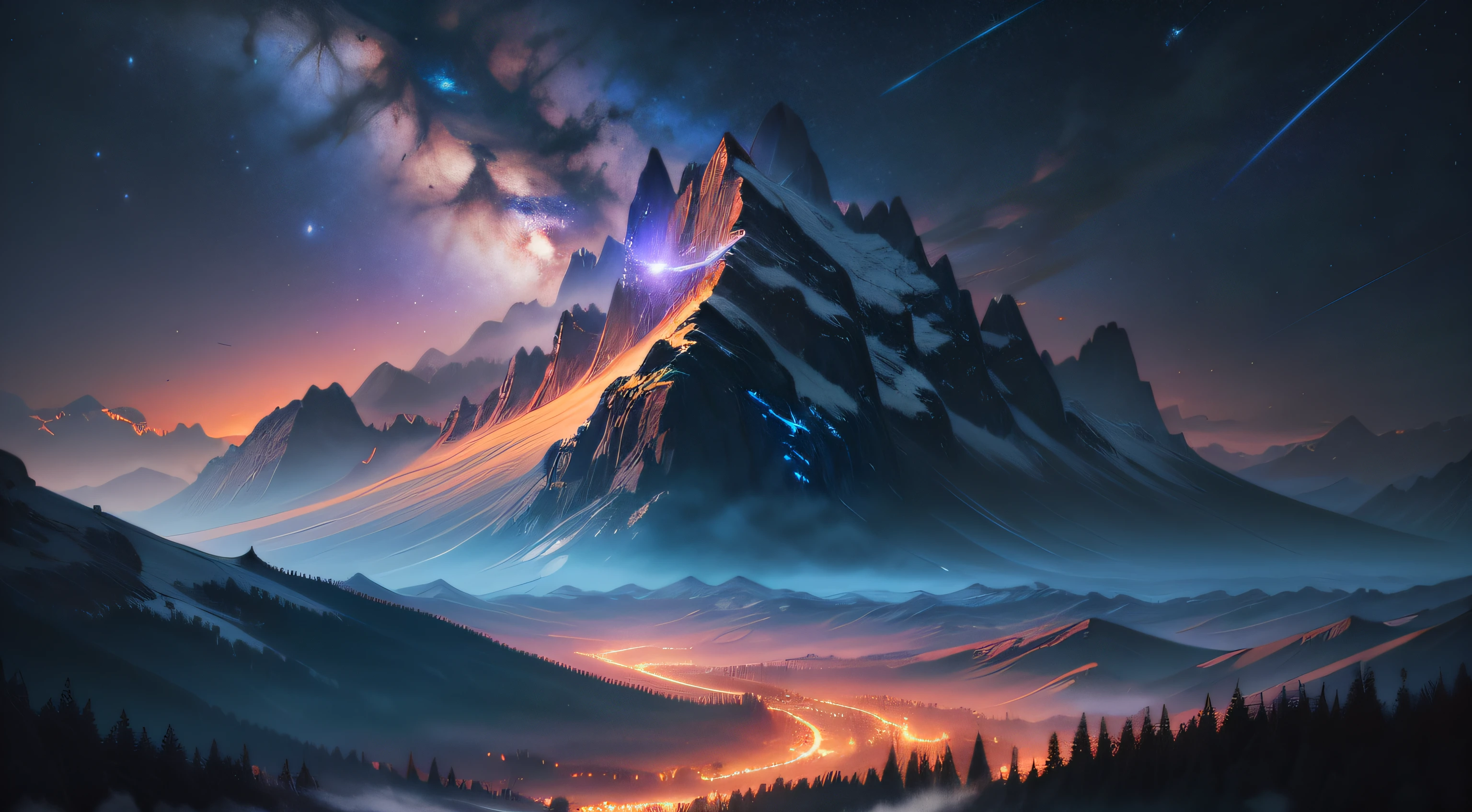 Mountain View Painting, Background Artwork, 4K Highly Detailed Digital Art, Night Sky Background, 4K Detailed Digital Art, Fantasy Painting,, 4K Fantasy Art, Detailed Fantasy Digital Art, Calm Night. Digital Illustration, 4 K HD Illustration Wallpaper, Illustration, Fantasy Art Landscape, Huge Landscape Photo Realistic Fantasy Illustration, (sky from below and wilderness below) Flower Field, (Meteor: 0.9), (Nebulae: 1.3), Distant Mountain, Tree Broken Production Art, (Warm Light Source: 1.2), (Fireflies: 1.2), Lights, Violet Blue and Orange, Intricate Details VOLUME LIGHTING BREAK (Masterpiece: 1.2), (Highest Quality), 4K, Ultra Detail, Night, (Dynamic Configuration: 1.4), Highly Detailed and Colorful Details (Colorful Colors: 1.2), (Twinkling Lights, Atmospheric Illumination), Fantasy, Magic, (Solo: 1.2)