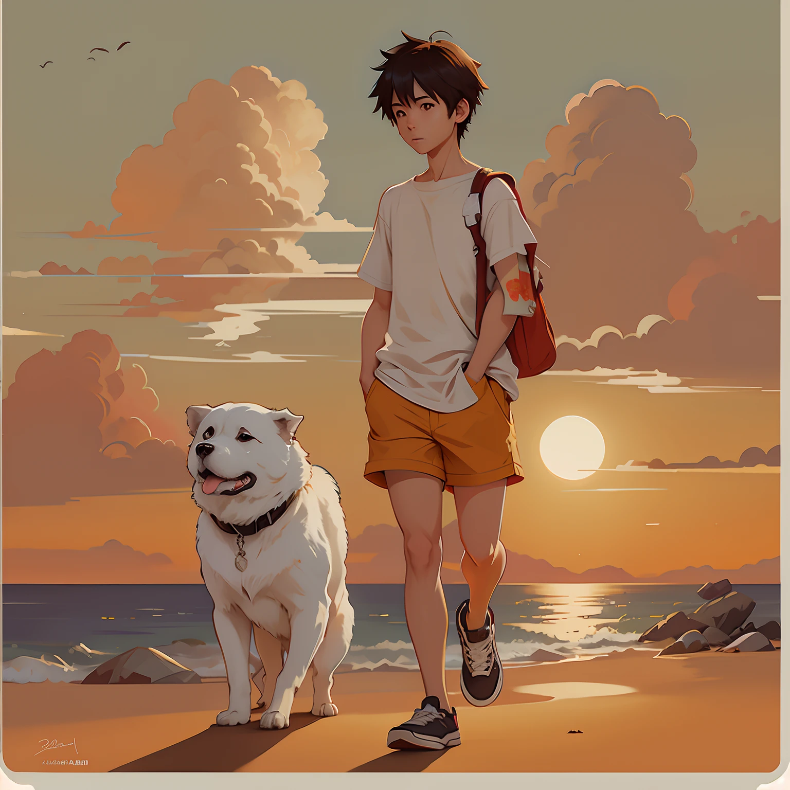 Anime boy and dog on beach with sunset with clouds, Makoto Shinkai's style, in the style of makoto shinkai, ( ( Makoto Shinkai ) ), Makoto Shinkai!, Makoto Shinkai!!, Makoto Shinkai. —h 2160, makoto shinkai art style, Guweiz e Makoto Shinkai