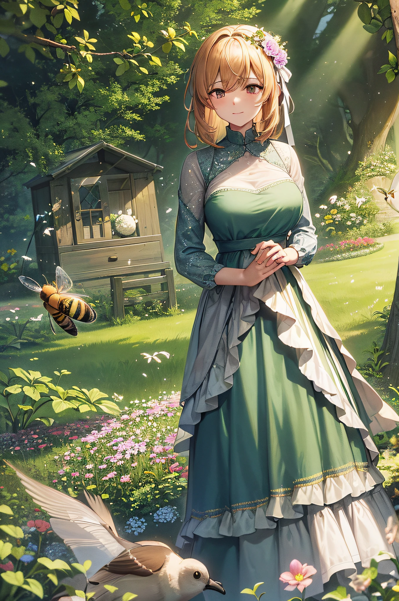 A ladybird is creeping over the flowers in full bloom in May.
All day long the merry bee tramples the thread of the little finger,
And a chaffinch pondering in its gray, mossy nest
In a thicket of whitethorns, I lean against my lover's chest Illustration from the poem


Yes, of course. A ladybug creeping over the blooming flowers of May, a cheerful bee trampling pinky string all day long, a chaffinch brooding in a gray mossy nest, on a lover's chest in a thicket of whitethorns. Here are the detailed prompts for the illustration of the leaning verse:

Background: A thicket of whitethorns stands in a forest of spring flowers.
Ladybird: A ladybird that stalks flowers in full bloom in May.
Bees: Cheerful bees stomping on pinky threads all day long.
Chaffinch: Chaffinch brooding in its gray, mossy nest.
Lover: A person leaning against a lover's chest in a thicket of whitethorns.
In this illustration, I want to express the beauty of spring, the abundance of nature, and the joy of love. Ladybirds, bees, chaffinchs, and lovers are all creatures of nature. They each have their own personality and represent the beauty of nature. Lovers love and want to protect the creatures that exist in nature. Their love is a force that protects the natural world.

Through this illustration, I would like people to rediscover the beauty of nature and emphasize the importance of protecting the natural world.