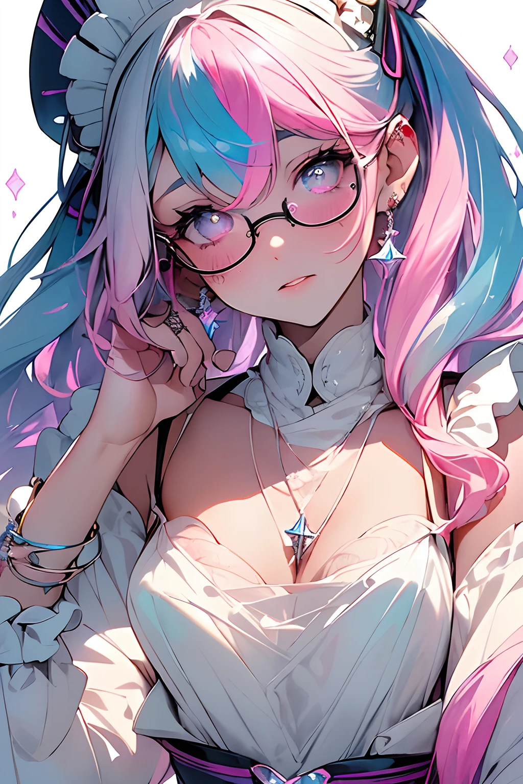((​masterpiece、top-quality、Watercolor art(Pendants)、Official art、Beautifully Aesthetic:1.2))、(1girl in:1.3)、(Fractal Art:1.3)、full body Esbian、((Glitter pupils))、patterns、((rainbow-colored hair、colourful hair、Half blue and half pink hair:1.2))、colourfull、(Silver-rimmed glasses)、Writing、heterochromia iridis、(colourfull:1.5)、(((maid clothes)))、((Shy face))、((maikurobikini))、(Standing)、(Hyper-detailing), ((delicate detail)), (intricate detailes), ((ciinematic light, best quality backlight)), highcontrast, ((The best lighting, extremely delicate and beautiful)), ((ciinematic light))、(ray trace reflection、brilliance)、((glowing aura))、((Radiant hair))、((The ultra-detailliert))、((8K))、((Western-style house))