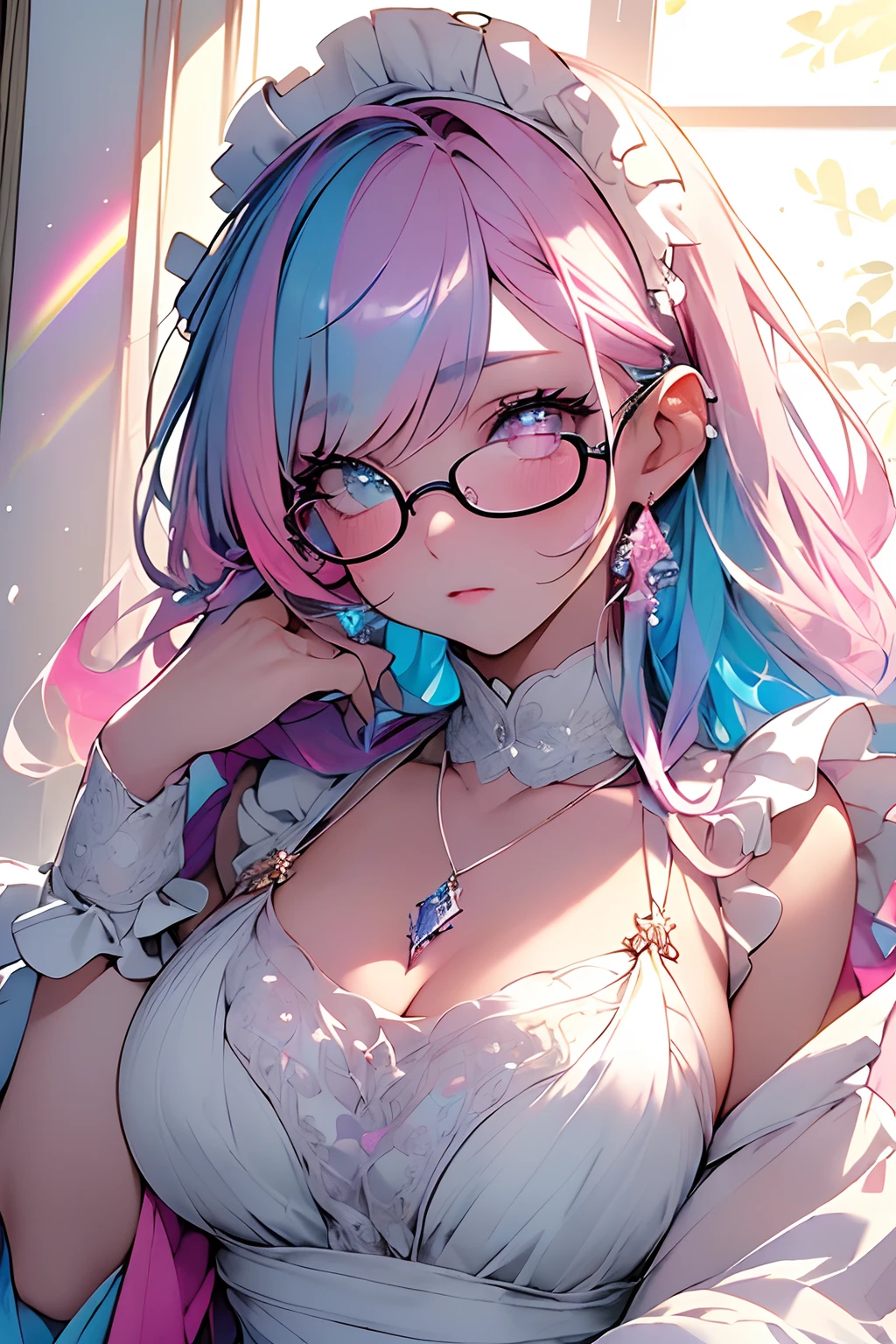 ((​masterpiece、top-quality、Watercolor art(Pendants)、Official art、Beautifully Aesthetic:1.2))、(1girl in:1.3)、(Fractal Art:1.3)、full body Esbian、((Glitter pupils))、patterns、((rainbow-colored hair、colourful hair、Half blue and half pink hair:1.2))、colourfull、(Silver-rimmed glasses)、Writing、heterochromia iridis、(colourfull:1.5)、(((maid clothes)))、((Shy face))、((maikurobikini))、(Standing)、(Hyper-detailing), ((delicate detail)), (intricate detailes), ((ciinematic light, best quality backlight)), highcontrast, ((The best lighting, extremely delicate and beautiful)), ((ciinematic light))、(ray trace reflection、brilliance)、((glowing aura))、((Radiant hair))、((The ultra-detailliert))、((8K))