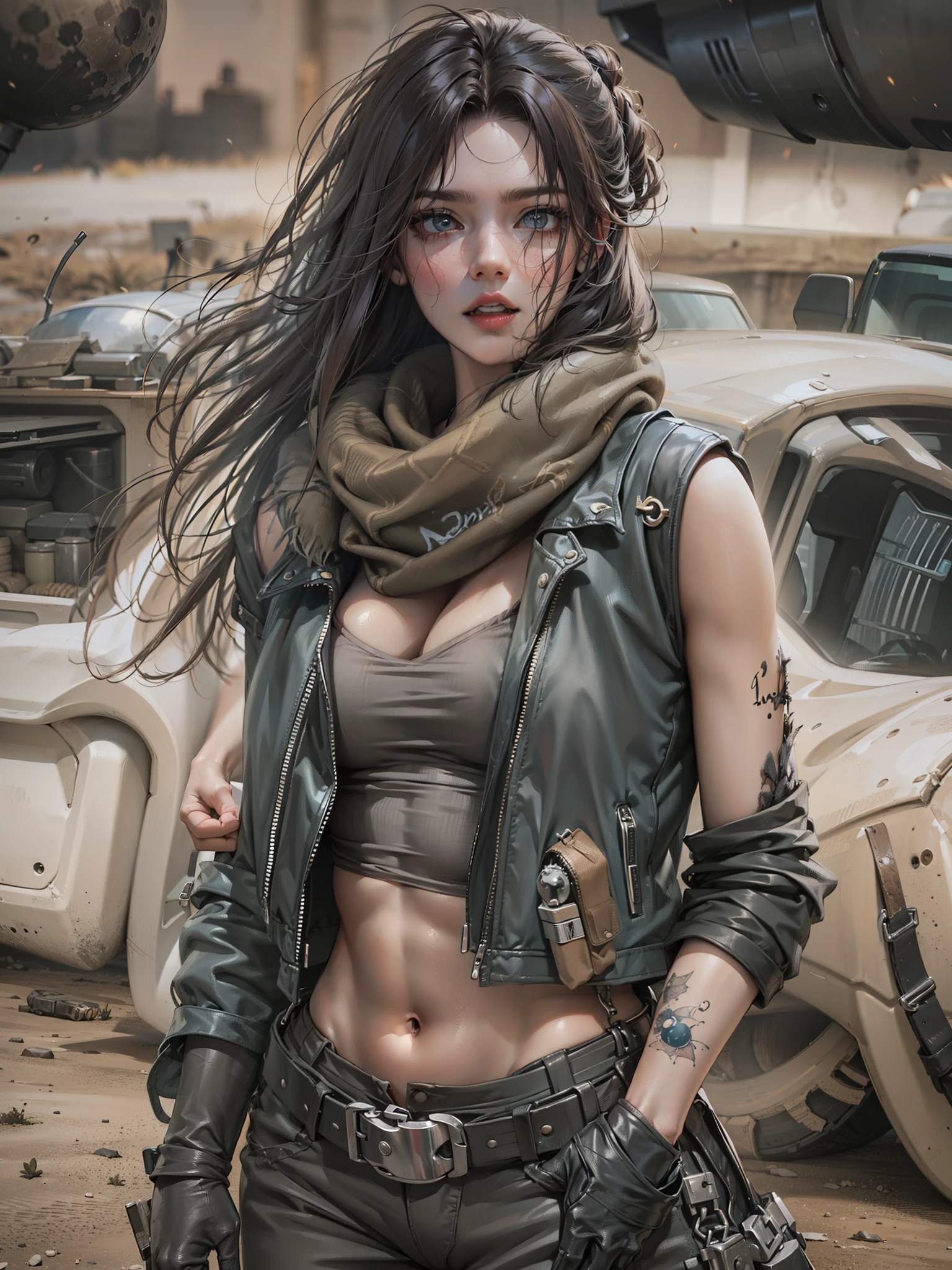 wasteland, post apocalyptic ,desert punk,mad max style, desert background, sexy female, sensual pose, suggestive face, sexy body, sexy wasteland clothes, mujer vestida con chaquetas botas manos y capas de un mundo post apocaliptico, chatarra, piezas de coches, armas rudimentarias con chatarra, armas mad max,(pecho grande caido, cameltoe marcado, pezones marcados,)((night,ful moon,desert postapocalyptic night))