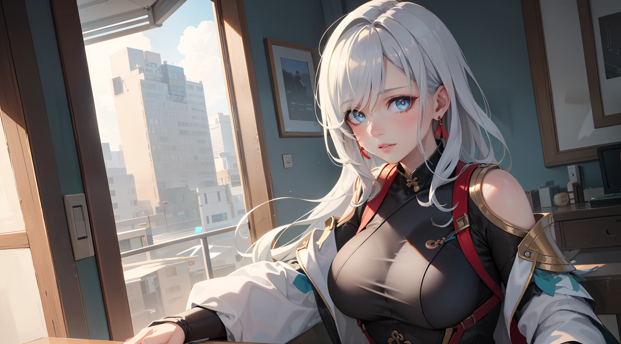 electrician girl, electrician suit, upper body, seductive look, blush, indoors, in office, looking at viewer, cloudy, moody lighting, (perfect detail eyes:1.2), glowing eyes, (long hair one braid:1.2), elemental skill effect, (Masterpiece, Best Quality, High Quality:1.4), professional artwork, Intricate Details, field of view, sharp focus, detailed painting, photorealistic lighting, trending on pixiv, (vivid lighting, vibrant colors:1.05), realistic shadows, ambient occlusion, (athletic body:1.3), mature woman, 30yo, shenhe, hyperdetail eyes, beautiful eyes, (((solo:1.4))), semi-realistic hair