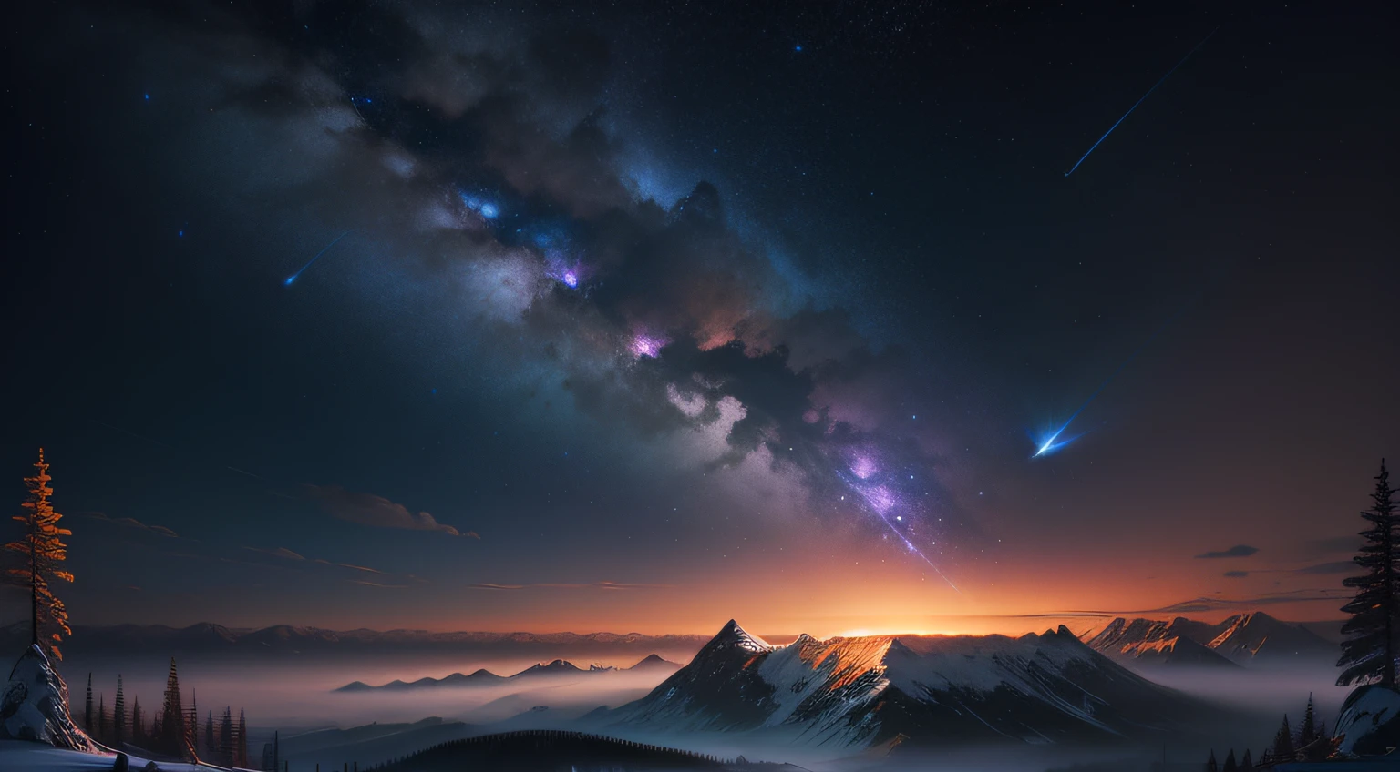Mountain View Painting, Background Artwork, 4K Highly Detailed Digital Art, Night Sky Background, 4K Detailed Digital Art, Fantasy Painting,, 4K Fantasy Art, Detailed Fantasy Digital Art, Calm Night. Digital Illustration, 4 K HD Illustration Wallpaper, Illustration, Fantasy Art Landscape, Huge Landscape Photo Realistic Fantasy Illustration, (sky from below and wilderness below) Flower Field, (Meteor: 0.9), (Nebulae: 1.3), Distant Mountain, Tree Broken Production Art, (Warm Light Source: 1.2), (Fireflies: 1.2), Lights, Violet Blue and Orange, Intricate Details VOLUME LIGHTING BREAK (Masterpiece: 1.2), (Highest Quality), 4K, Ultra Detail, Night, (Dynamic Configuration: 1.4), Highly Detailed and Colorful Details (Colorful Colors: 1.2), (Twinkling Lights, Atmospheric Illumination), Fantasy, Magic, (Solo: 1.2)