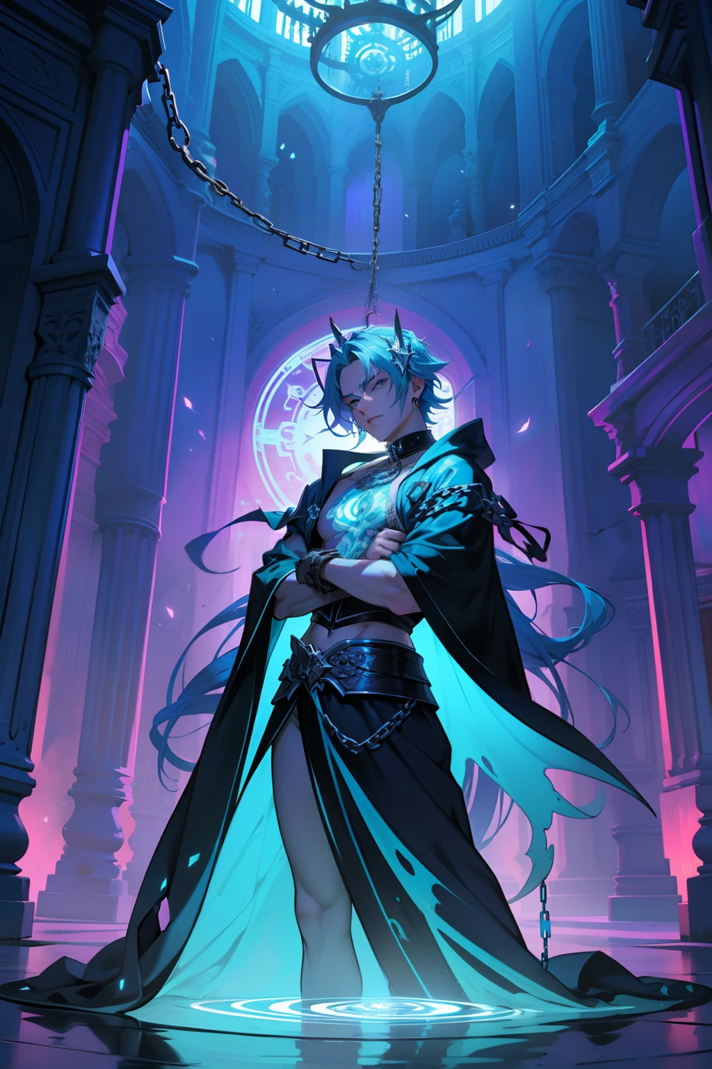 "Living sculptures,Perfect body,colorfulhair,Broken chains adorn the neck and wrists,In a hall of great magic and adventure。Create a magic circle with a cyan blue color,and downgraded to purple,