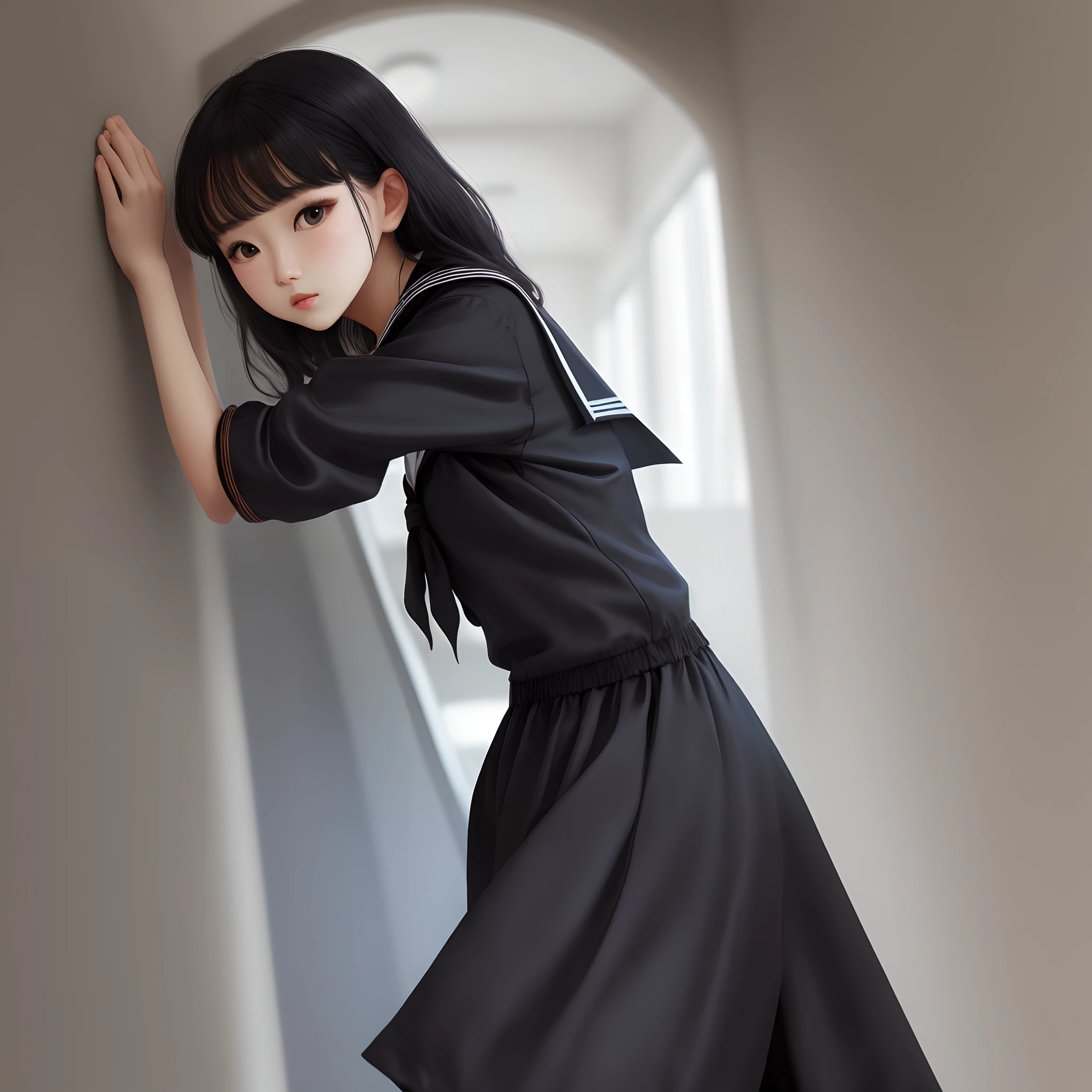 Black long straight black silk sailor suit