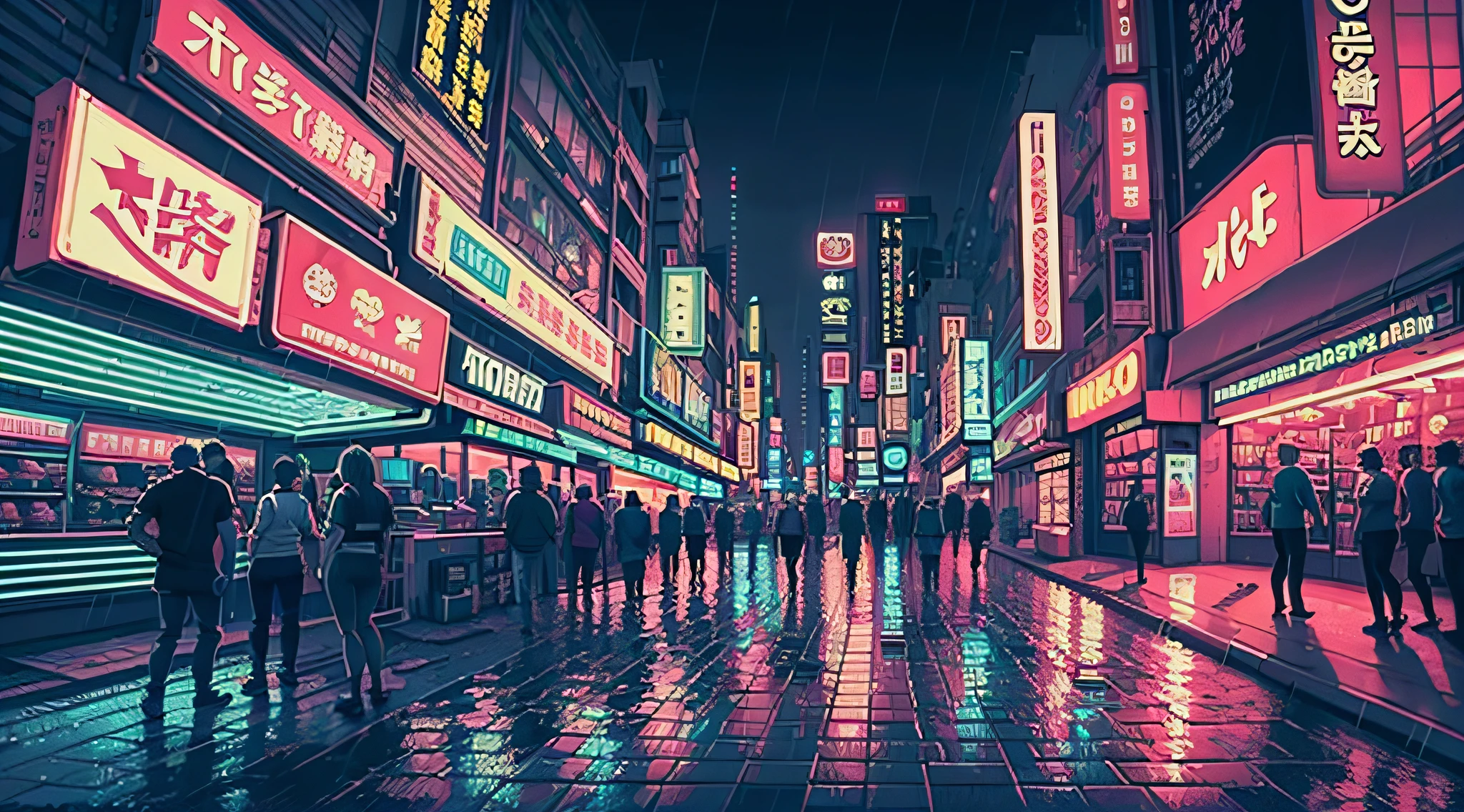 (efeito bokeh), (dinamic angle), ((obra-prima)), (streets of tokyo), (zebracross), (chuva), (noite), cidade vazia, escuro, (neon), pixelart, ((pixelado)), cyberpunk, (retro)