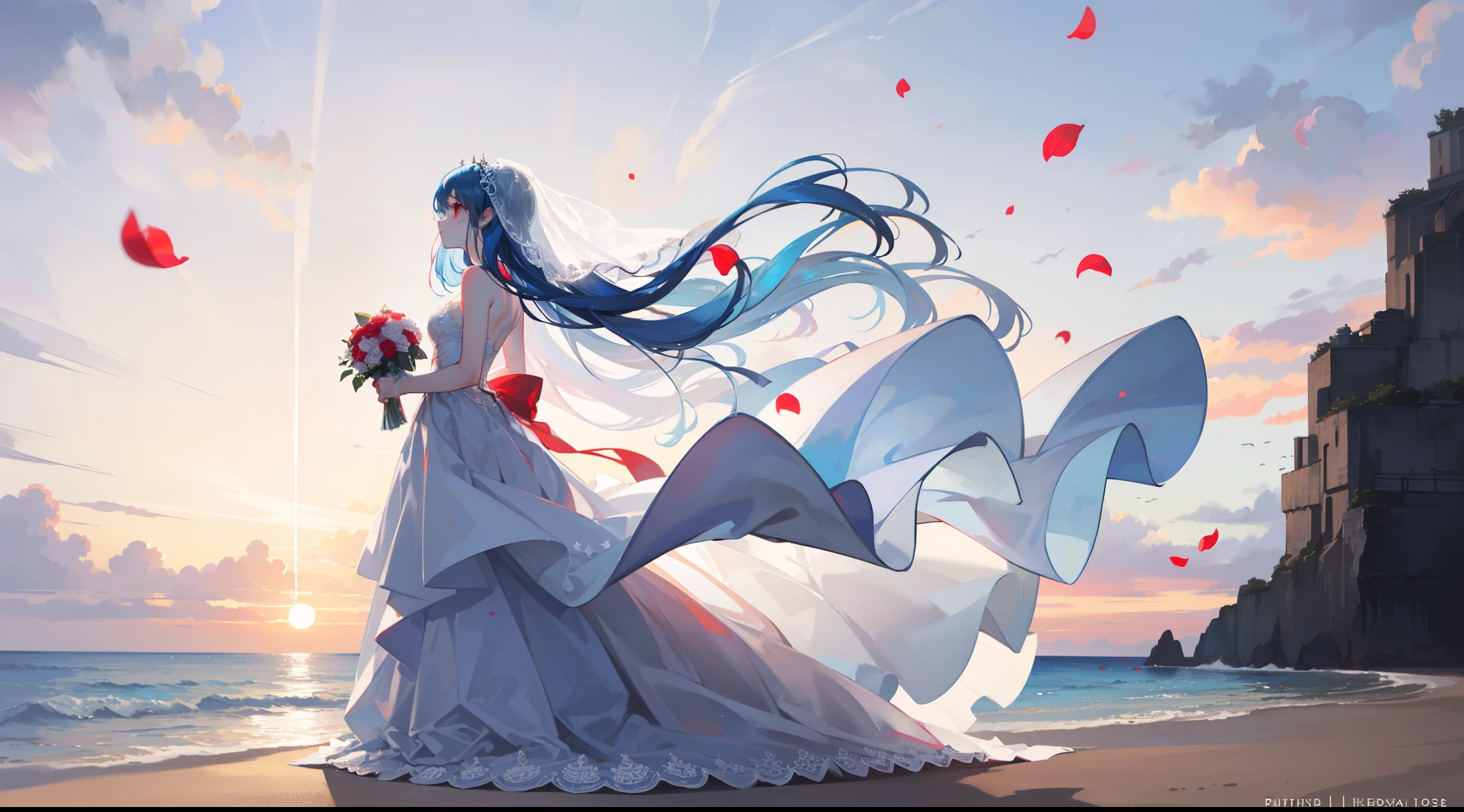 artistic photograph, Real light and shadow on a Sunset setting day,Distant European style architecture,On the beach,((Wedding Dress)),1 beautiful girl,shy,The upper part of the body,Lateral face,(((Long light blue hair))),Red eyes,(long hair),(Red petal),windy