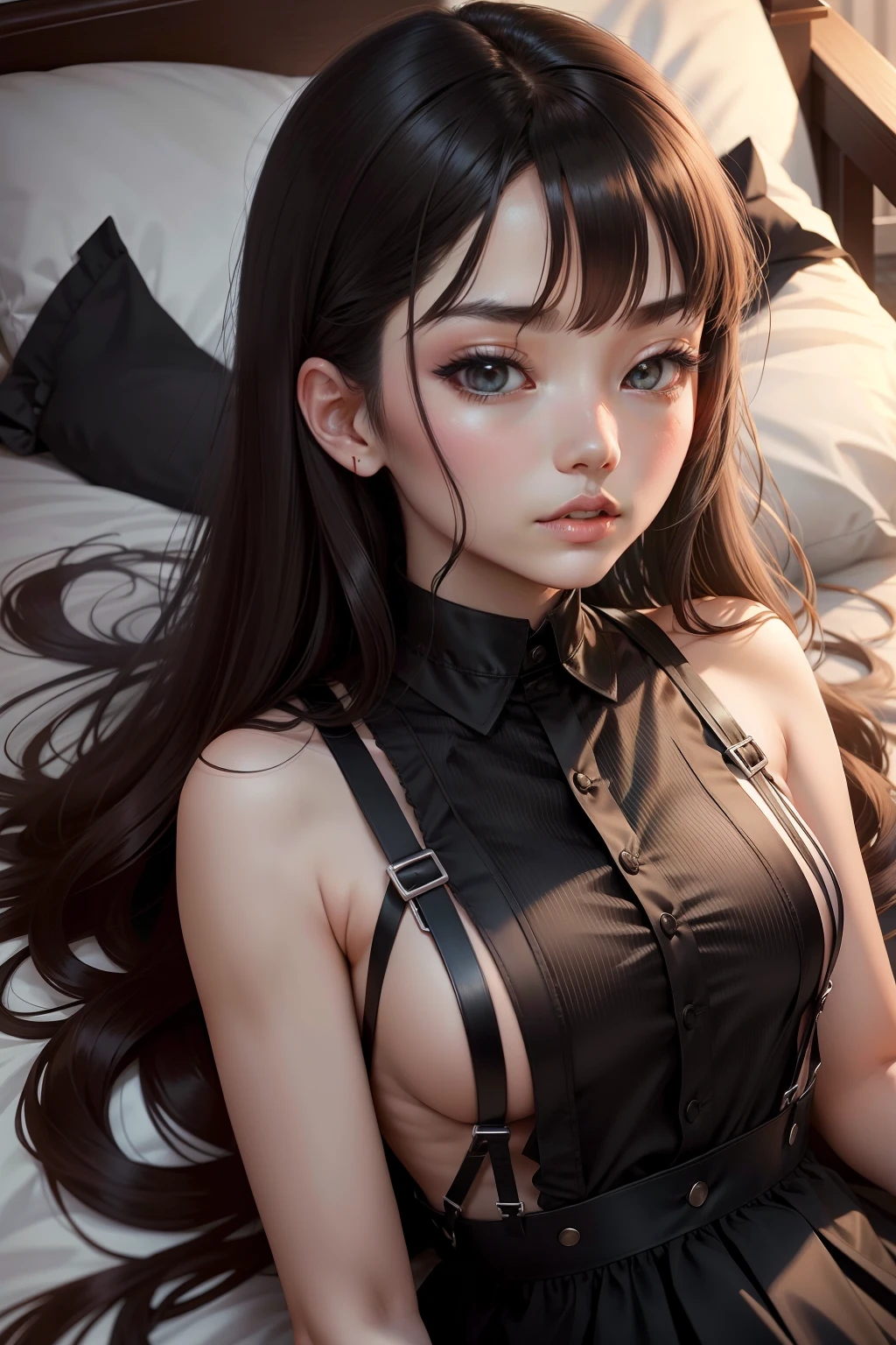 Need,brunette color hair,Black silk suspenders,比基尼,long whitr hair,Lie down in bed