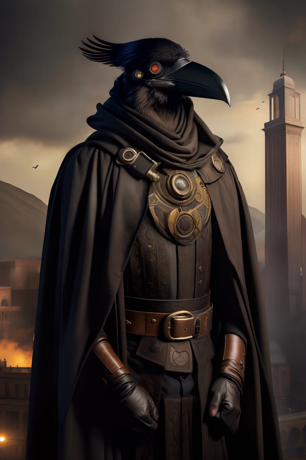 ((Masterpiece)),((Best quality)),((High- sharpness)),((Realistic,)) Industrial age city，Deep valley in the middle，A man，Wear a raven mask，full bodyesbian，Wears a black cloak on his head，Strong，Blindfolding，steampunc，realisticlying，photorealestic，