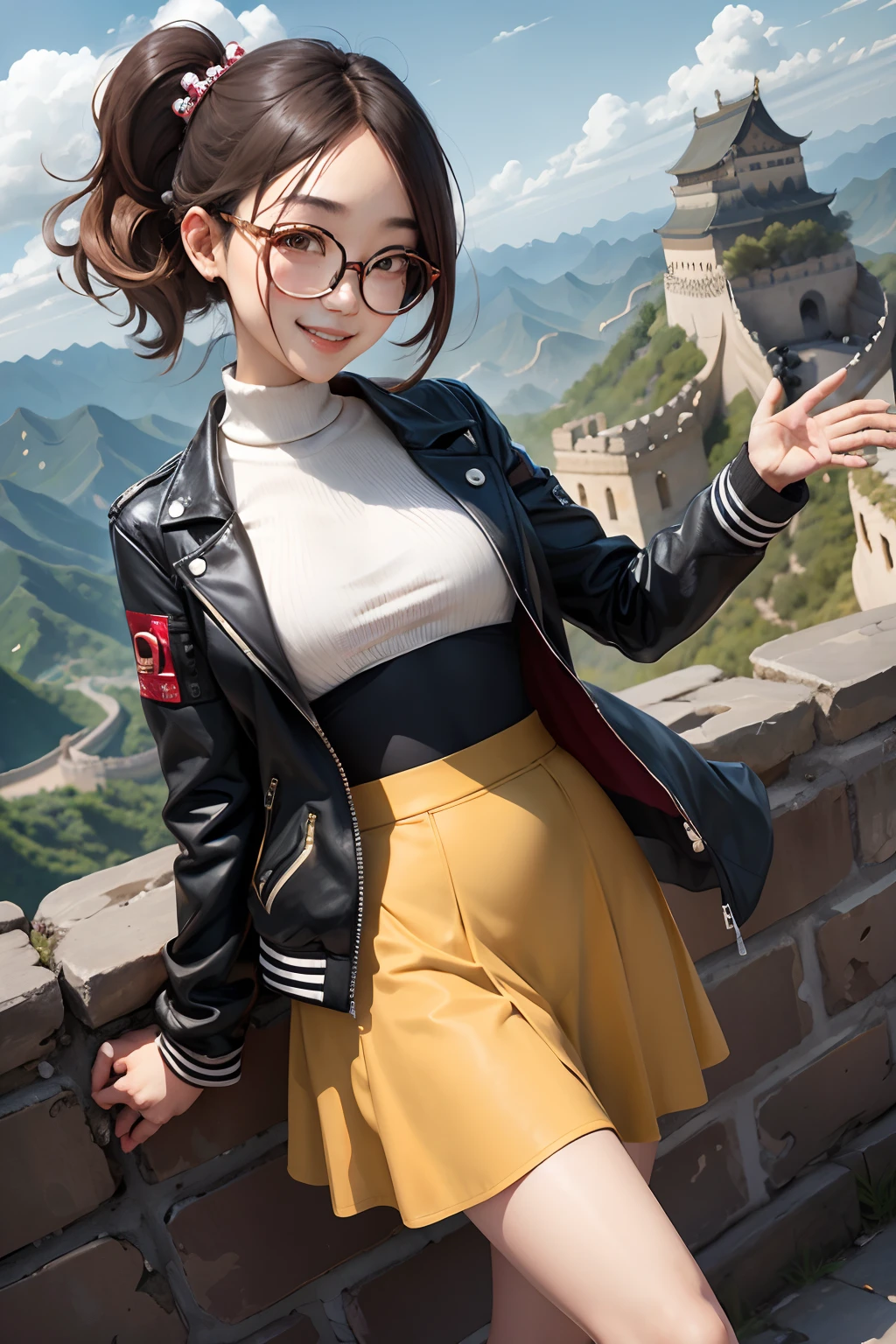 tomgirl, Solo, MIDI Skirt, Jacket, Round glasses, Dynamic Angle, The great wall of china, Smiling, masutepiece:1.3