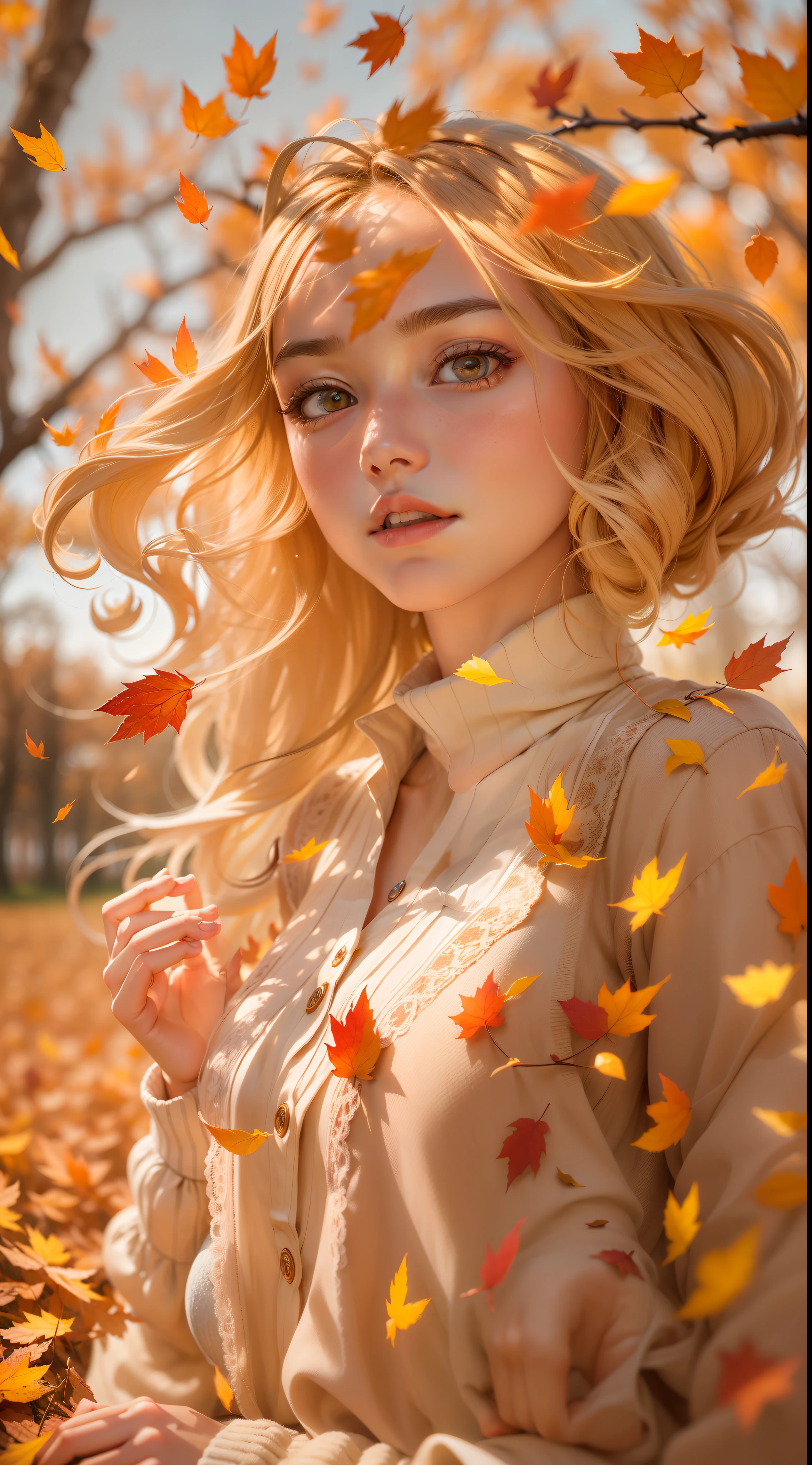 Picture quality:Highly detailed masterpiece 8K high resolution content:On the fields in autumn,The autumn breeze blows,Autumn leaves float in the air,There are shimmering particles fluttering,Warm light background:1girll,Surrealist portraits of women by David Hockney and Alphonse Mucha,hair glowing,vivaciousness,whaite hair,long whitr hair,in blouse wearing,Lazy action atmosphere:warm and comfortable,With a little cool autumn light:warm color:High saturation,Bright composition。:Rule of thirds composition style reference:photographrealistic