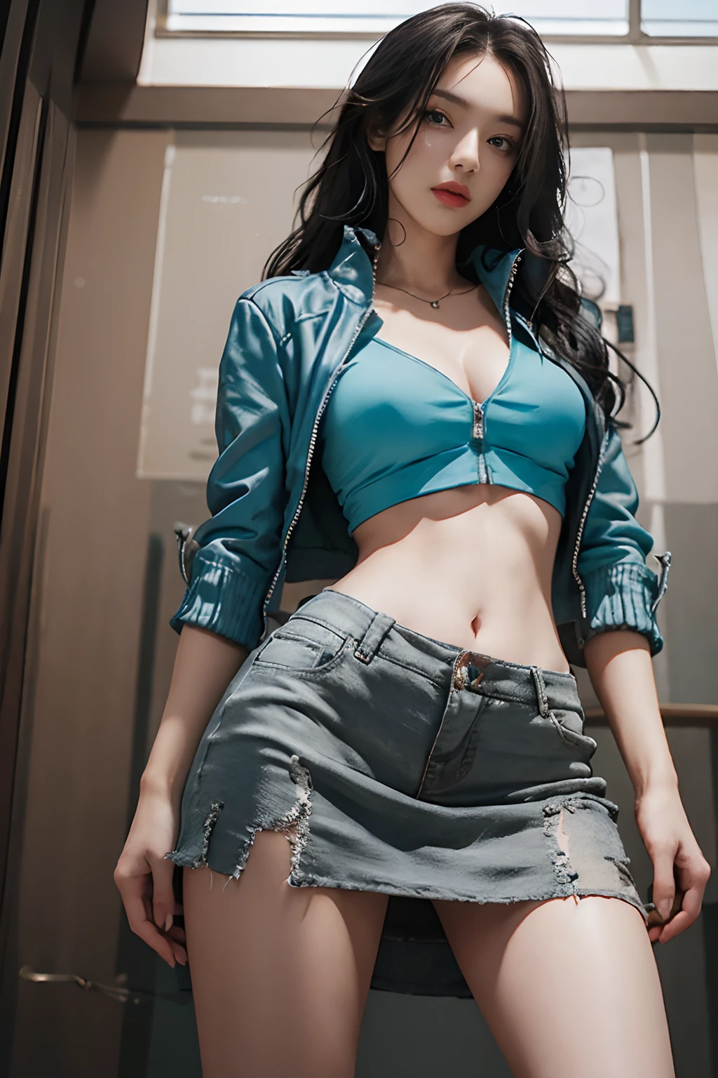 (((masutepiece+Best quality+high resolution+Ultra-detailed))), nico robin\(One Piece\), Long silky black hair, High nose, Sharp eyes, Noble and inviolable temperament, (([Female]: 1.2 + [Beauty]: 1.2 + Black long hair: 1.2)), Background of Egyptian scriptures, (One Piece), collared jacket, croptop, midriff, navel, sarong, Short sleeves,  zippers, Partially unzipped, Cowboy shot, aqua eyes, Dynamic angles and poses.