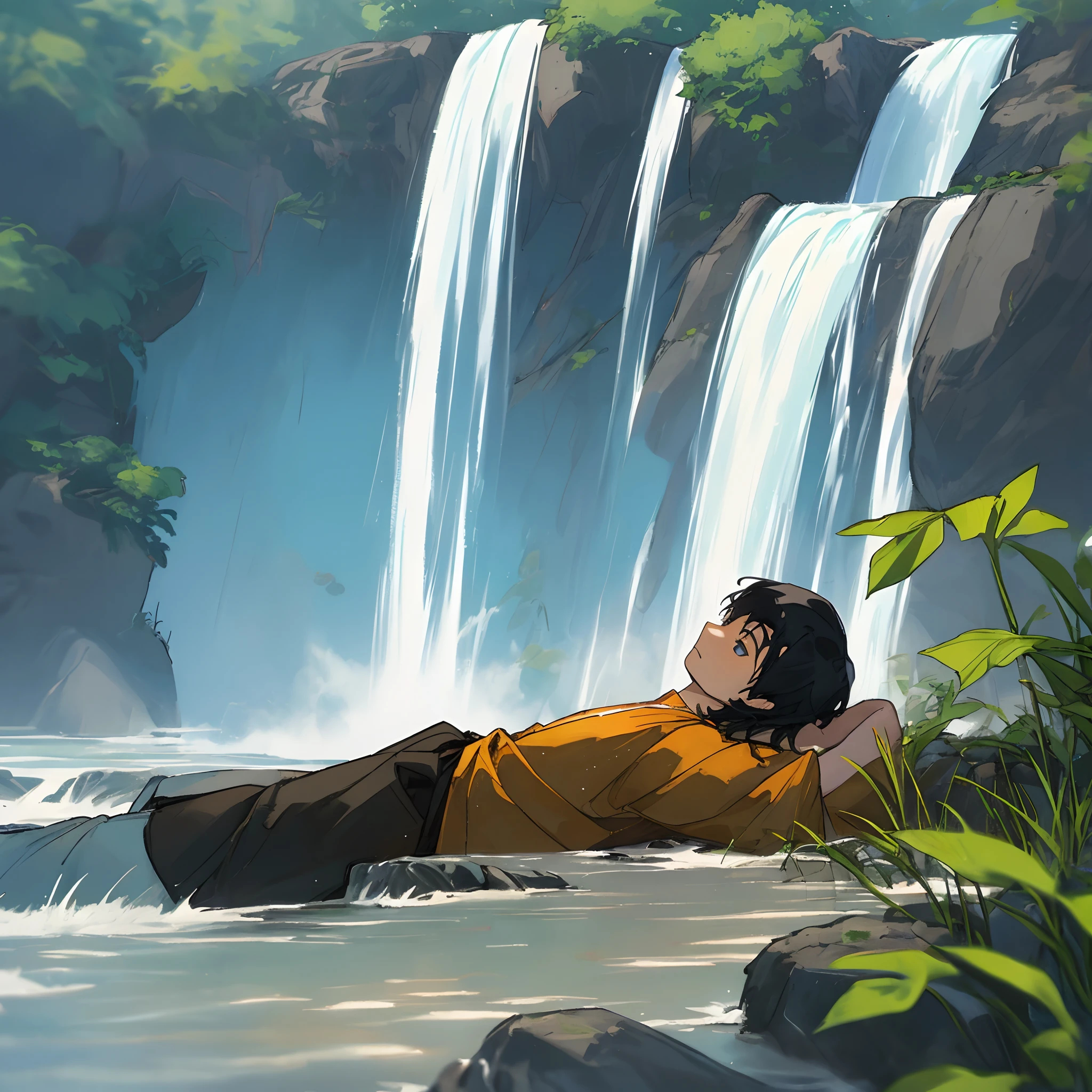 Vietnamese young man lying alone next to a waterfall watching the sky
