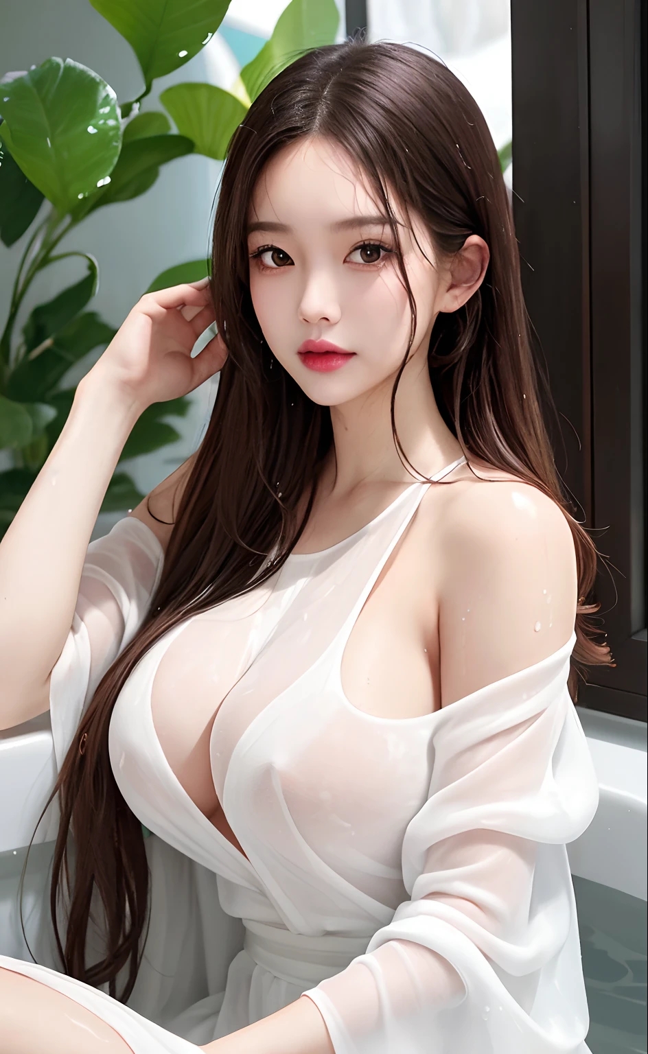 upper body,masterpiece, best quality,(photorealistic:1.4), highres, long brown hair, jewelry hairpin, super big breast,( D cup ),home,in the bathroom,wet hanstyle, ((loose))wet han clothing, ((loose))wet hanfu, see-through, Bare shoulders, cleavage, sexy,sitting on a bathub,girl takes a shower with soap, the soap is foamy