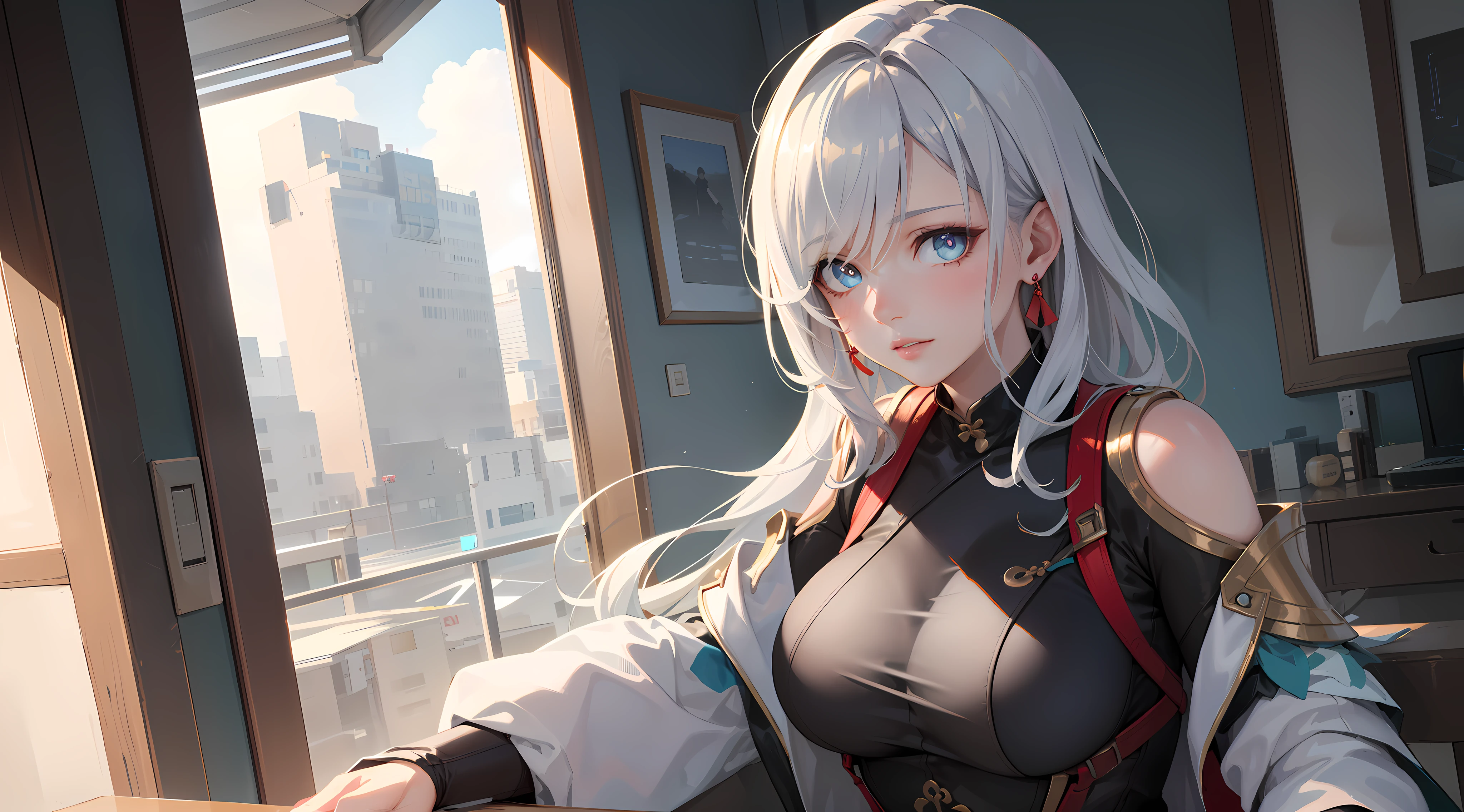 electrician girl, electrician suit, upper body, seductive look, blush, indoors, in office, looking at viewer, cloudy, moody lighting, (perfect detail eyes:1.2), glowing eyes, (long hair one braid:1.2), elemental skill effect, (Masterpiece, Best Quality, High Quality:1.4), professional artwork, Intricate Details, field of view, sharp focus, detailed painting, photorealistic lighting, trending on pixiv, (vivid lighting, vibrant colors:1.05), realistic shadows, ambient occlusion, (athletic body:1.3), mature woman, 30yo, shenhe, hyperdetail eyes, beautiful eyes, (((solo:1.4))), semi-realistic hair