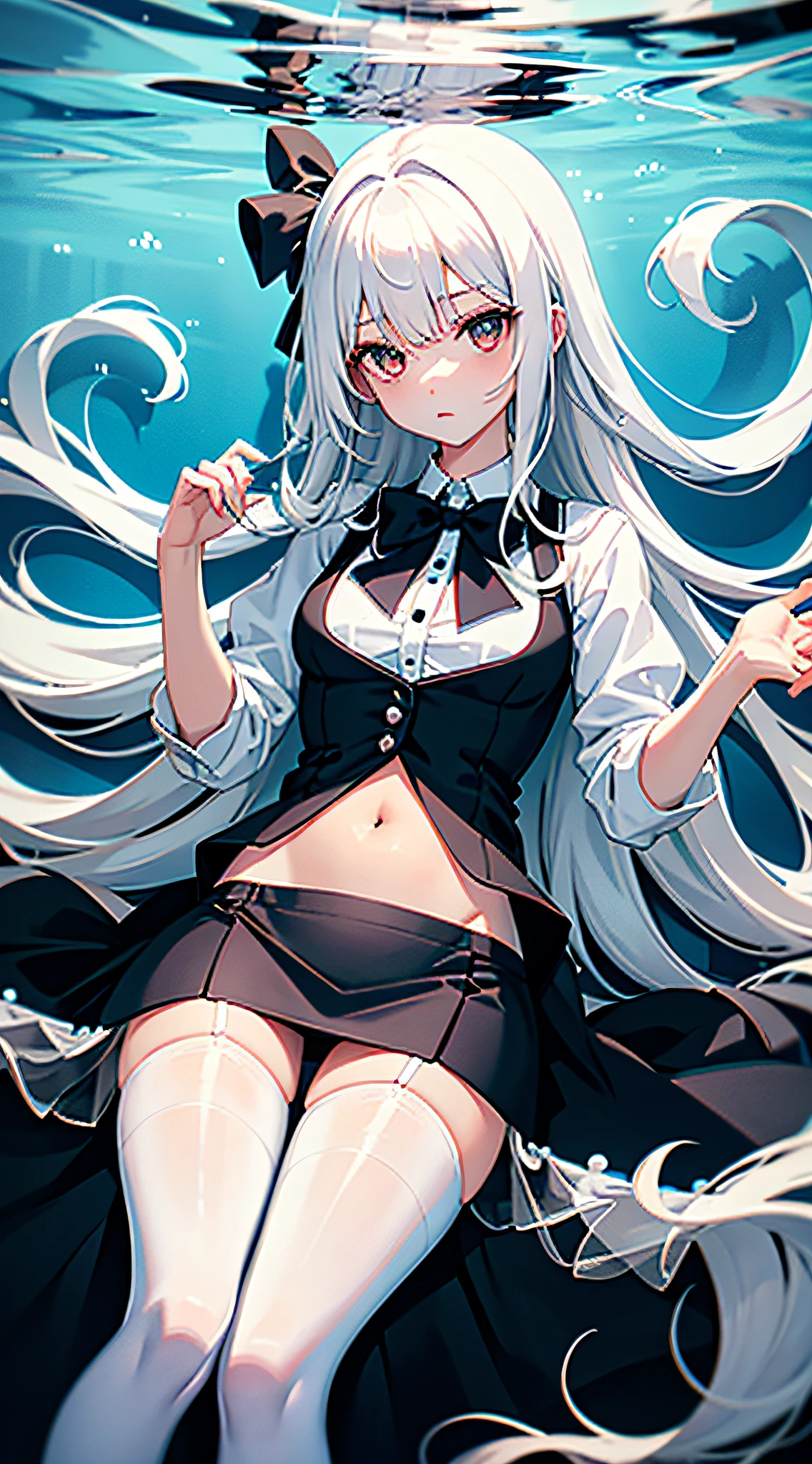（White color blouse），（（black micro skirt）），（Black transparent stockings），adolable，is shy，（Long blue）Hair，red bowtie，long leges，（At the bottom of the sea），Open navel