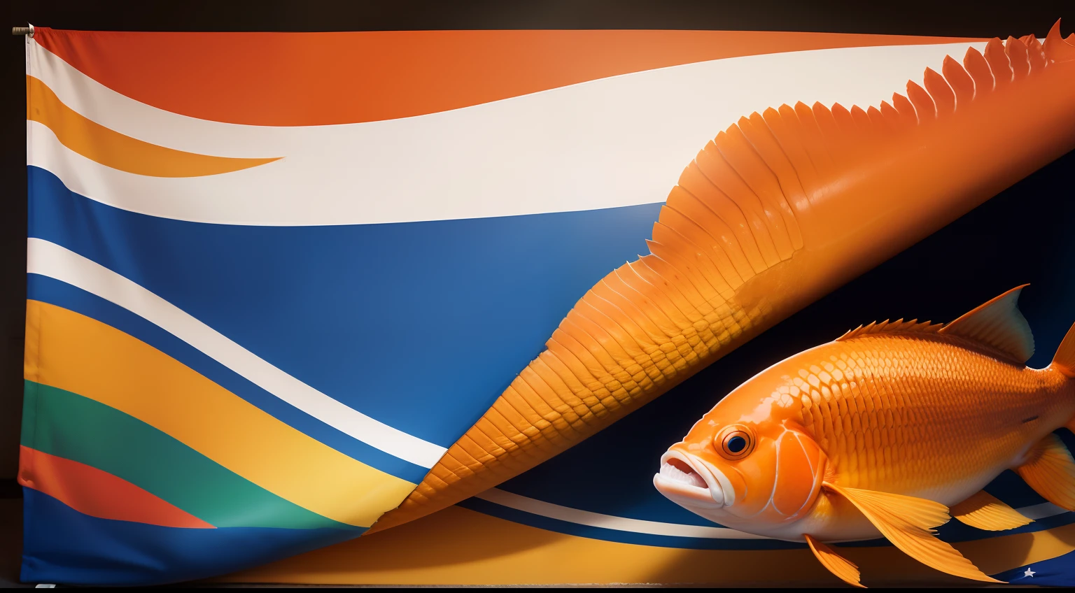 uma bandeira olimpica, na cor laranja com o tema  do peixinho "Nemo"