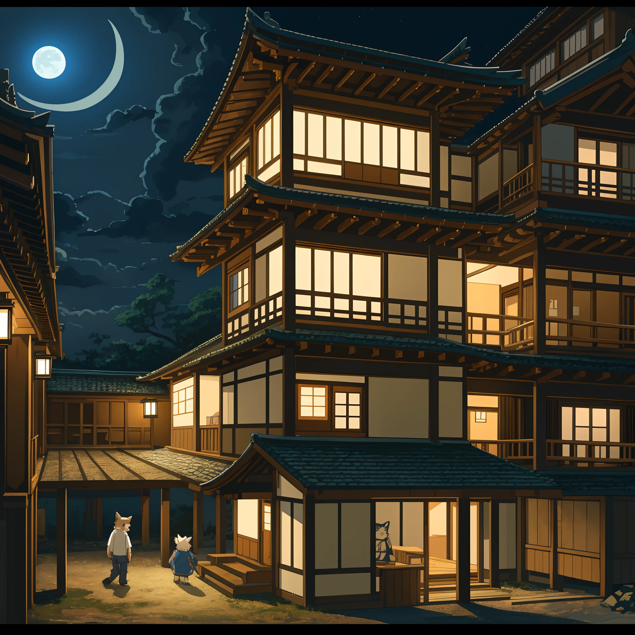 top quality, best quality, High-quality illustrations, masterpiece, super high resolution, highres, absurdres(highly detailed beautiful face and eyes)perfect anatomy, detailed background, User Interface of game, side view game, night, japanese house, deteriorated furniture, windows, moonlight, 6+boys, 6+girls, expression, good lighting, cinematic shadow(kemono, furry anthro)assorted poses,