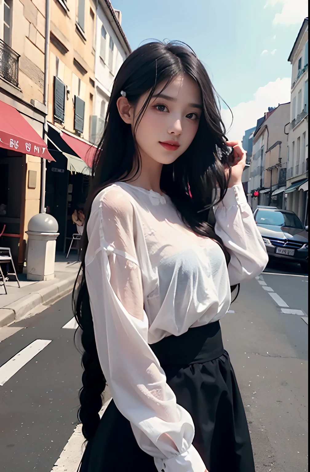 best qualtiy、​masterpiece、photoRealstic、intricate-detail、Raw foto、Photon Rendering、Octane Rendering、absurderes、ultra-detailliert、A detailed face、Detailed skin、Trending in art stations、8K Masterpiece、lighting like a movie、( (1girl in))、((独奏) ))、((Behold))、CG Social Trends、Plastic En、((Black Long Hair))、((Beautuful Women))、(A smile)、((Cafes in France)) 、((A sexy))、Hair that flutters in the wind、((Flowing hair))、Happy、fashion magazine、Braids(1.0)、white  shirt