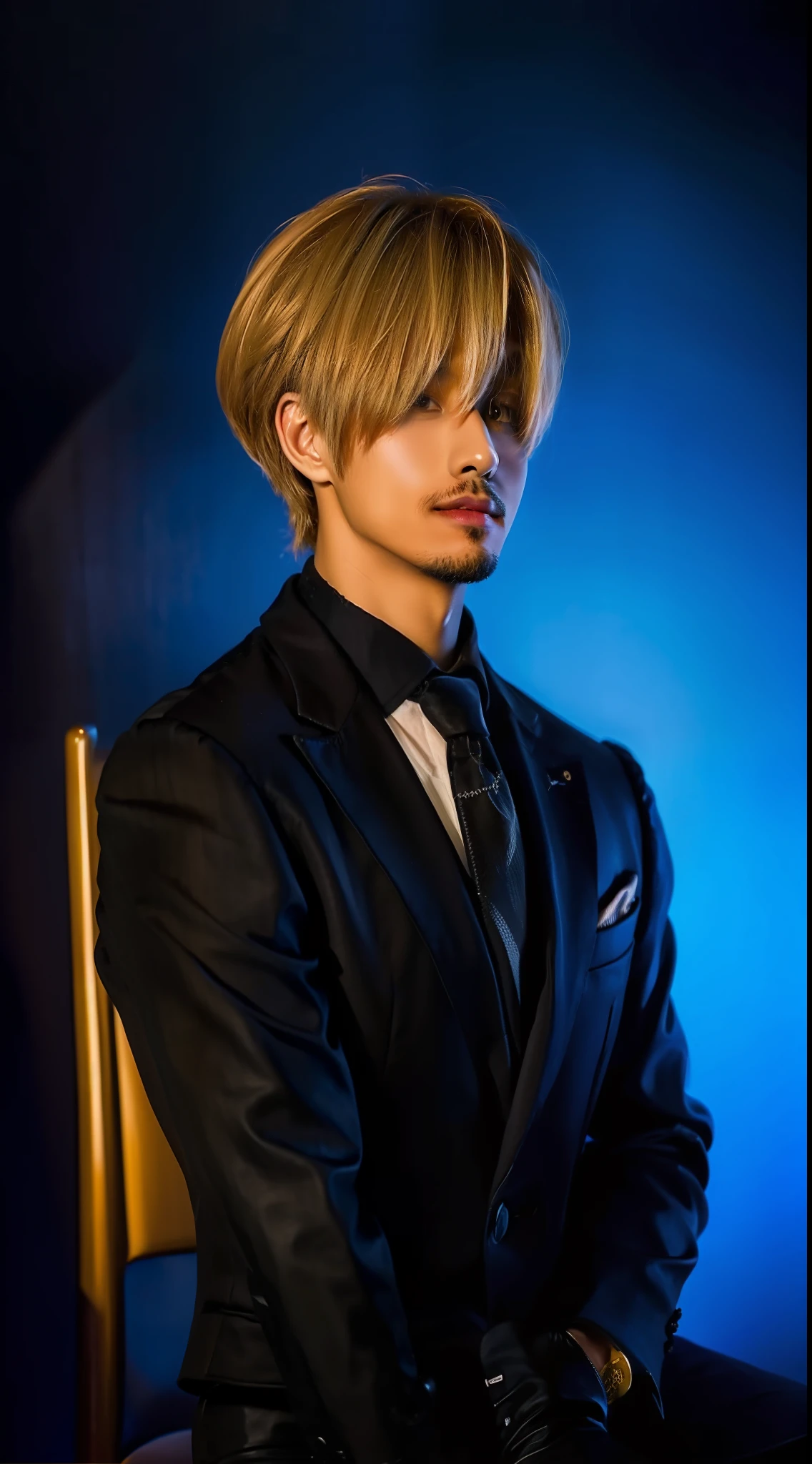 ((Realistic lighting, Best quality, 8K, Masterpiece: 1.3)), Focus: 1.2, blonde hair ,Sanji ,One Piece, wear black suit with tie ,sports a dark goatee, and stubble on his upper lip, one man, tall, handome, fair skin, one-eyed look hairstyle , , 1man, blue background,sit on chair, look at the camera, smile